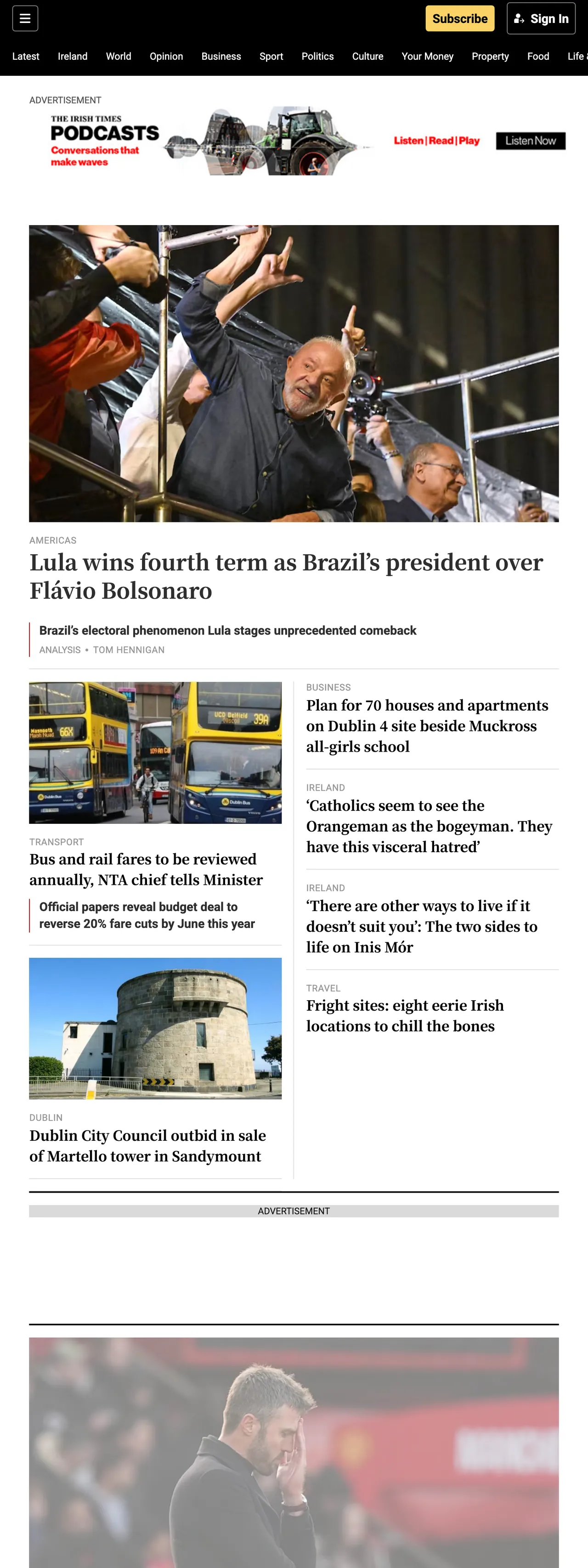 Screenshot of the The Irish Times front page