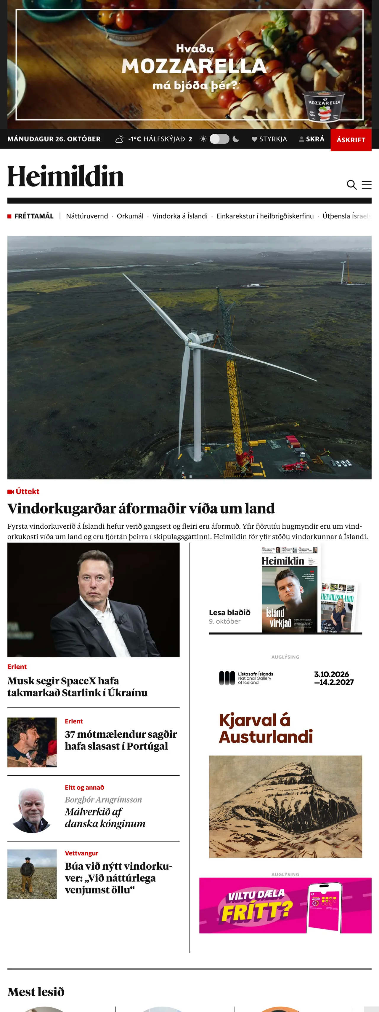 Screenshot of the Heimildin front page