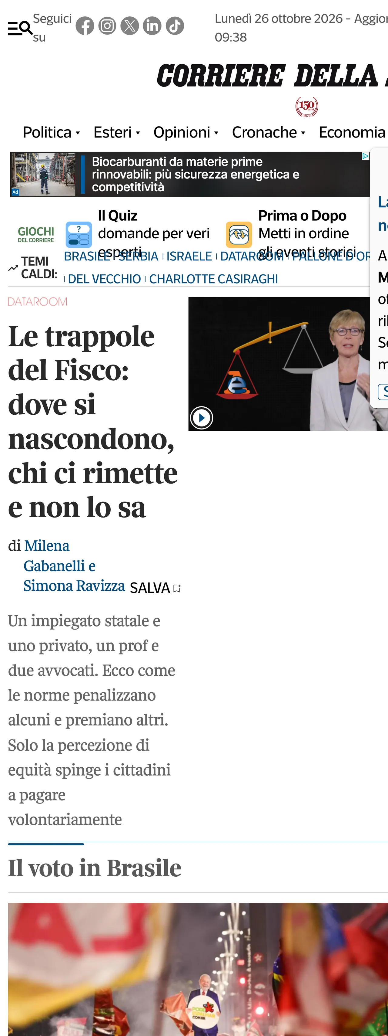Screenshot of the Corriere della Sera front page