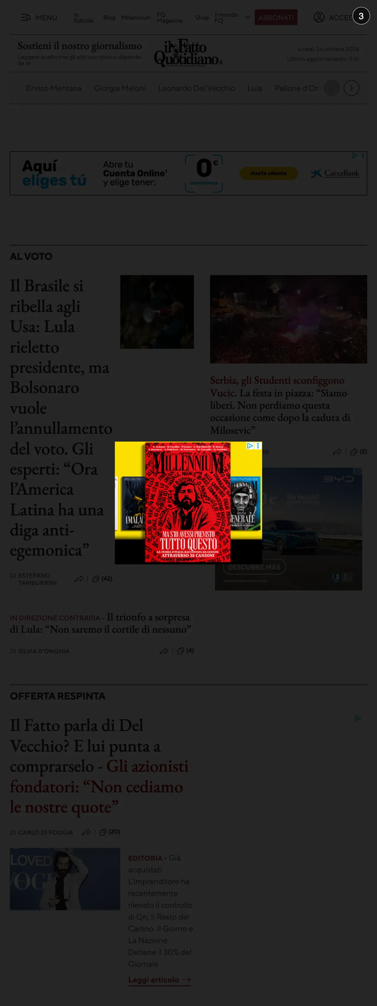 Screenshot of the Il Fatto Quotidiano front page