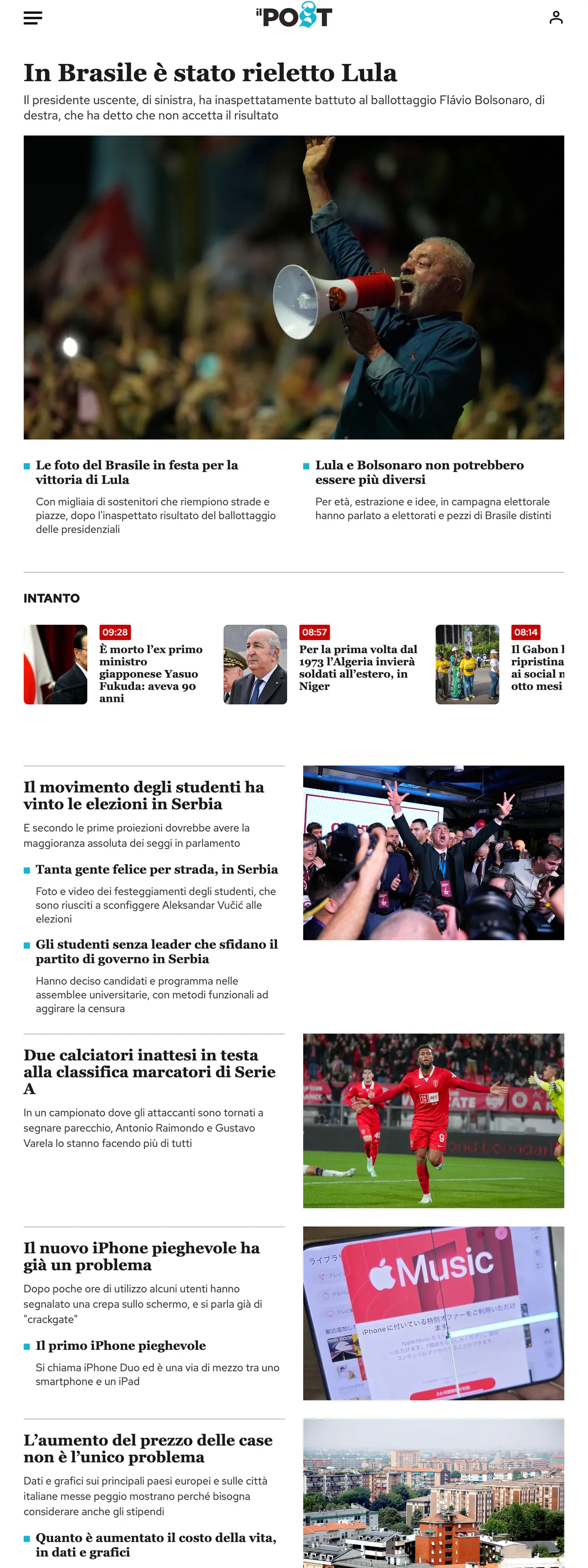 Screenshot of the Il Post front page