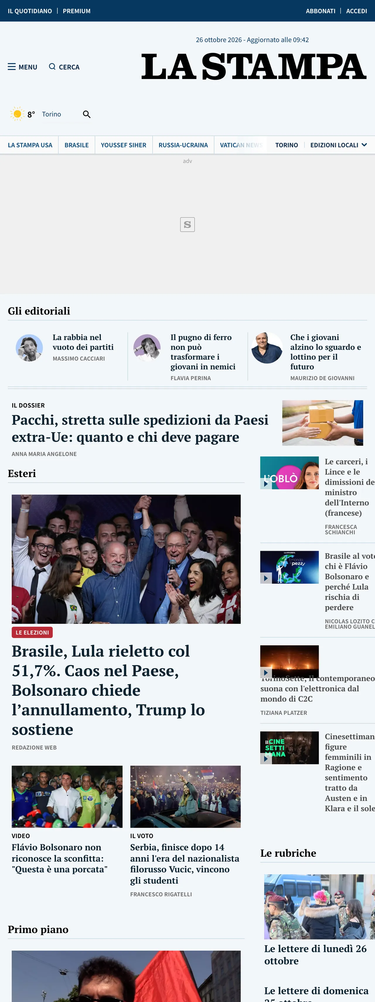 Screenshot of the La Stampa front page