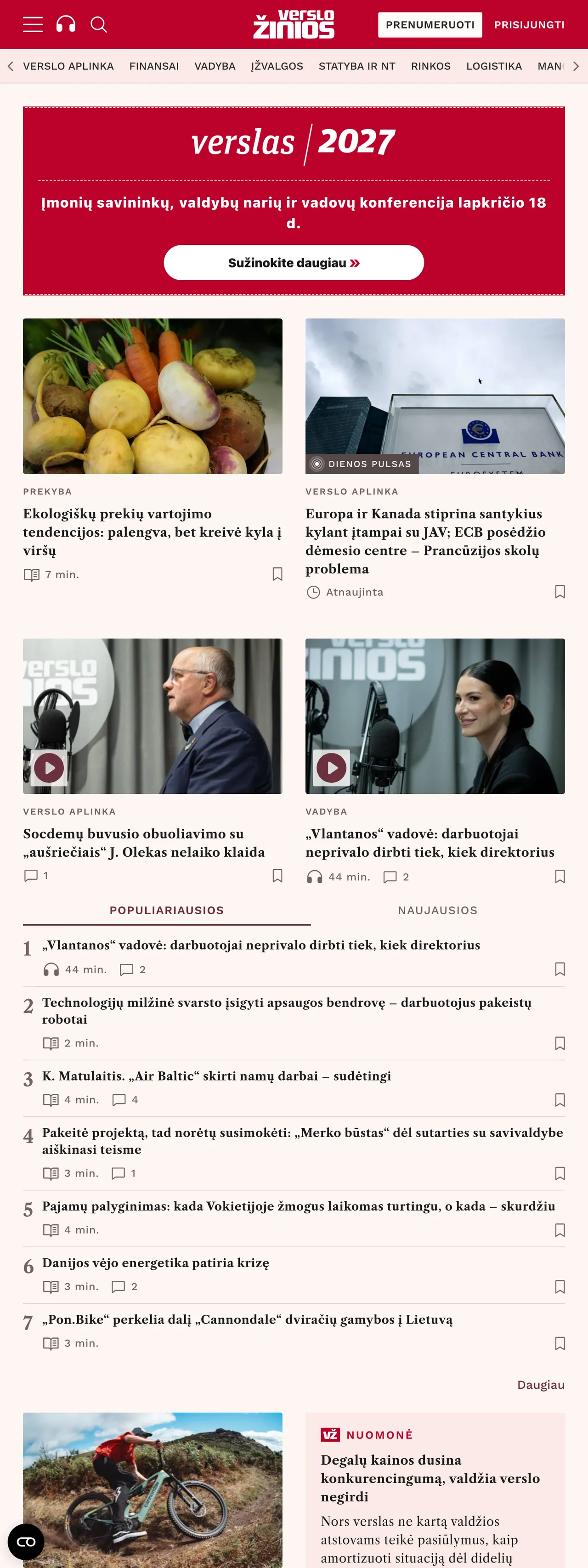 Screenshot of the Verslo žinios front page