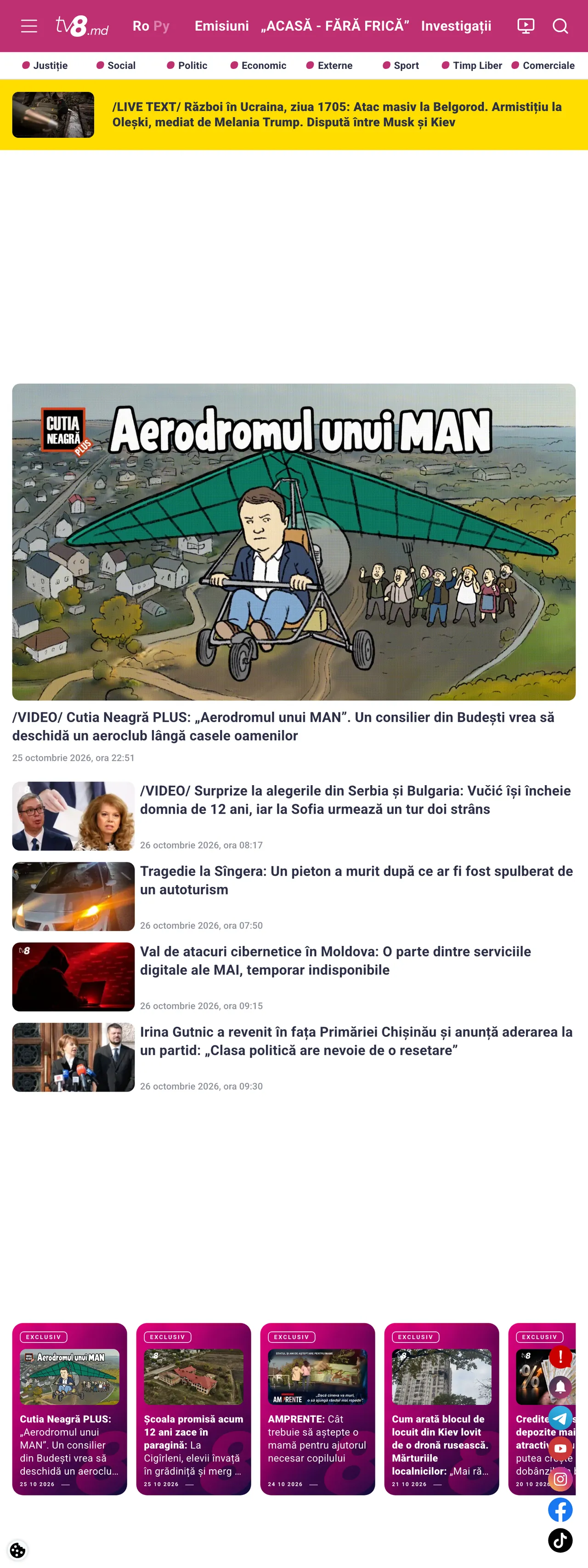 Screenshot of the TV8 front page