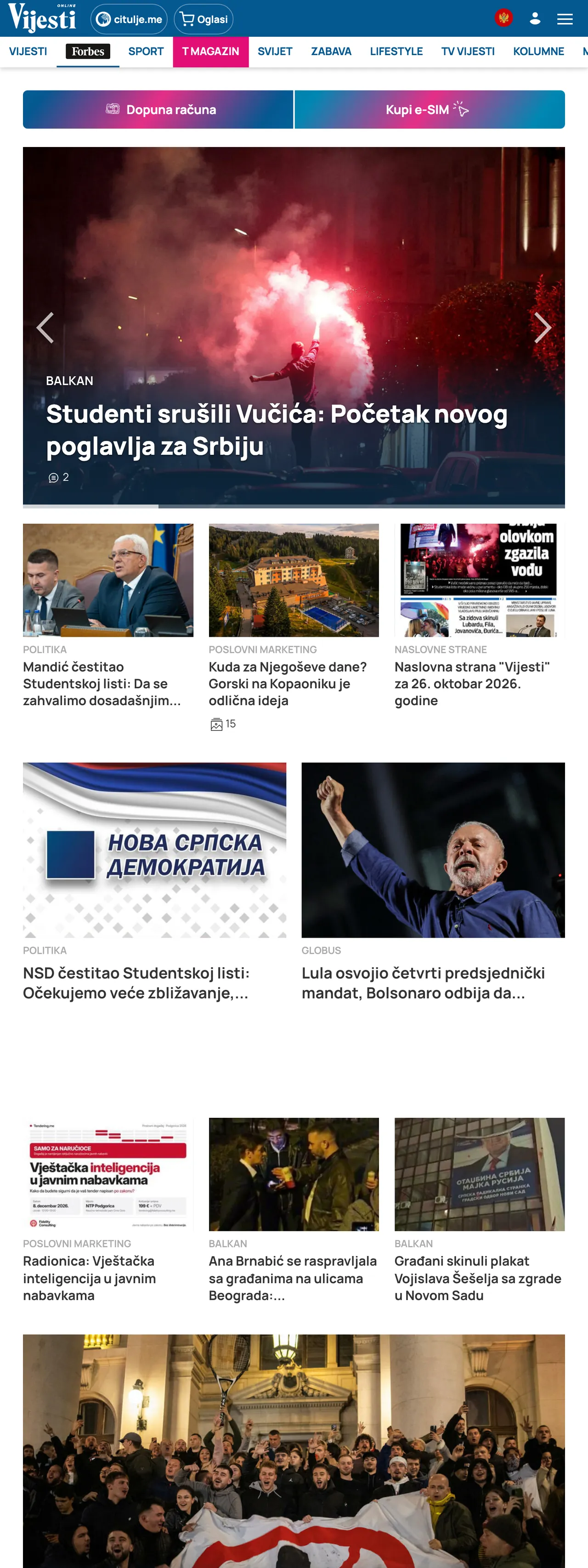 Screenshot of the Vijesti front page
