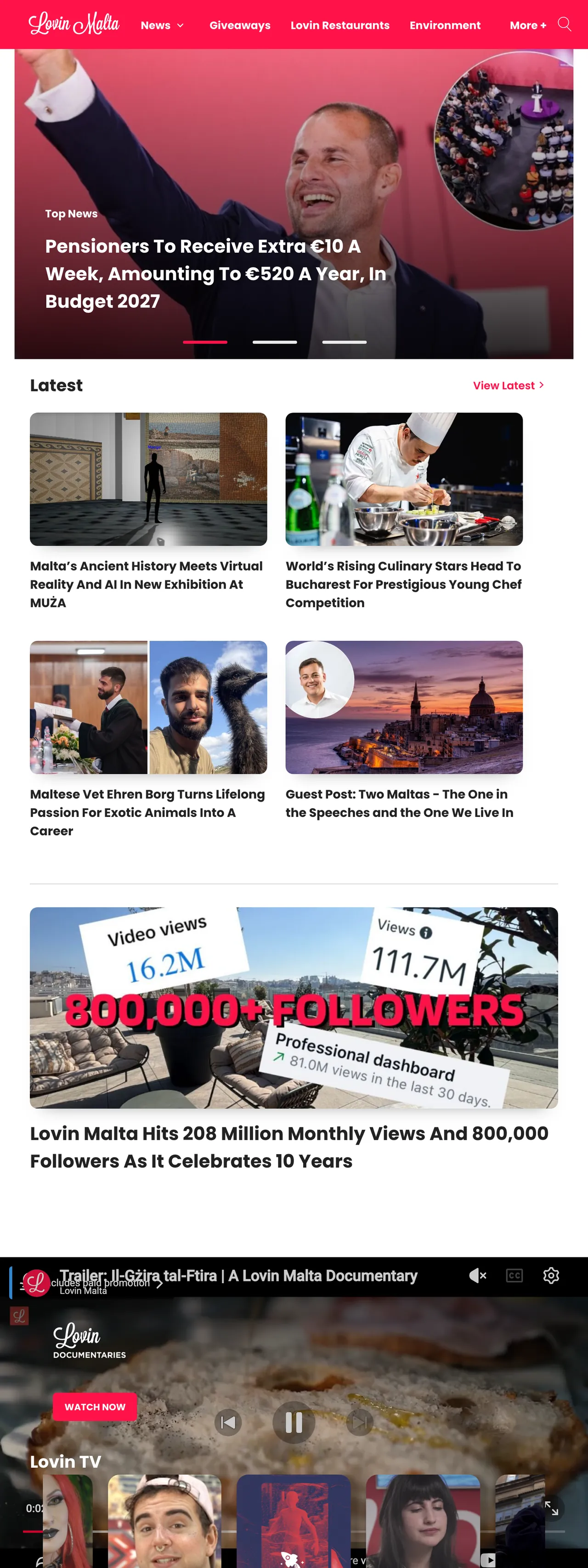 Screenshot of the Lovin Malta front page