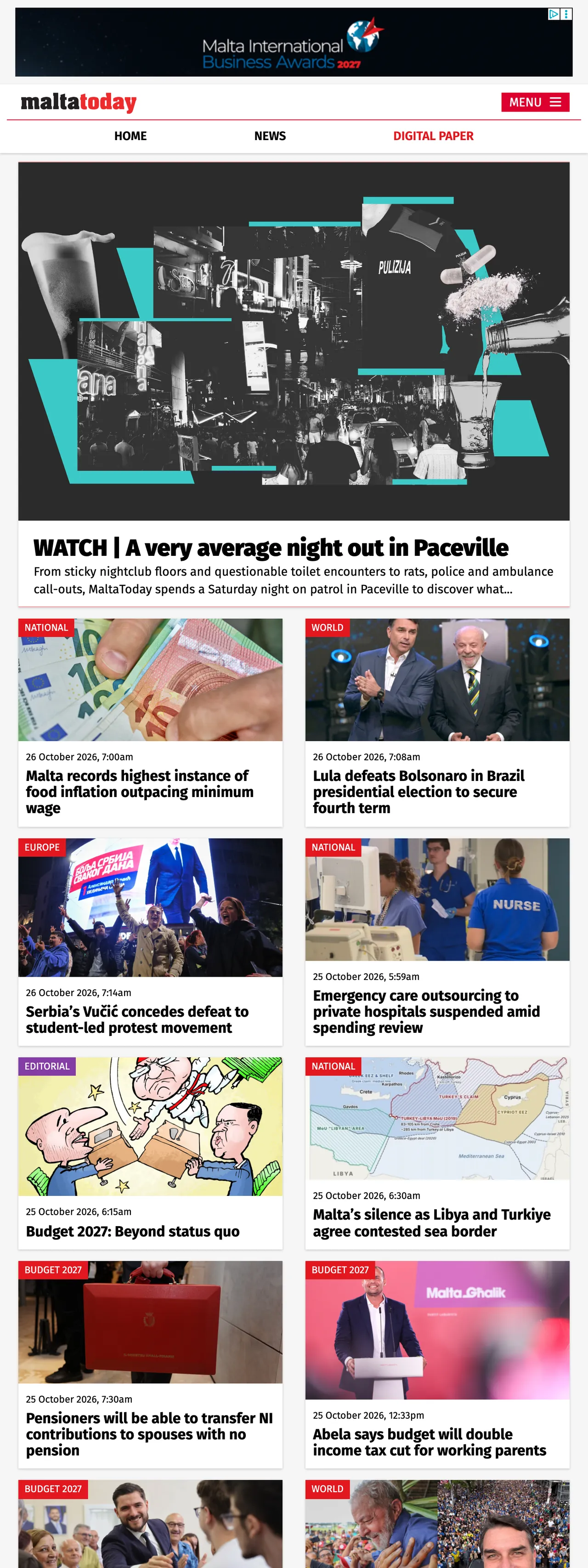 Screenshot of the Malta Today front page