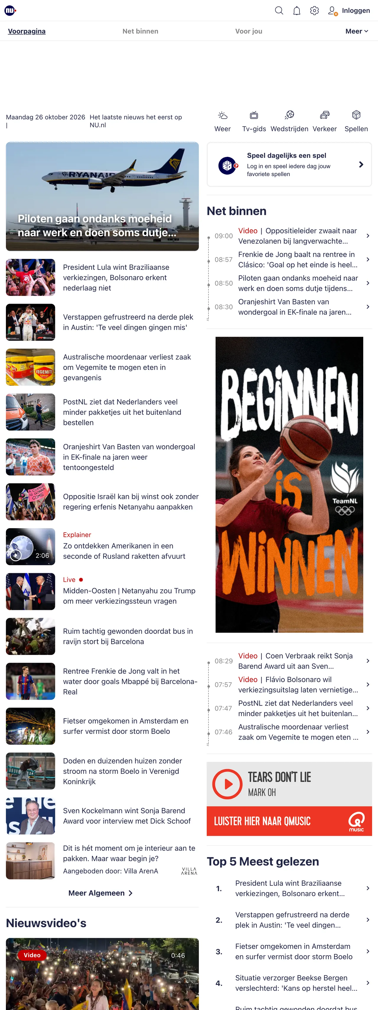 Screenshot of the NU.nl front page