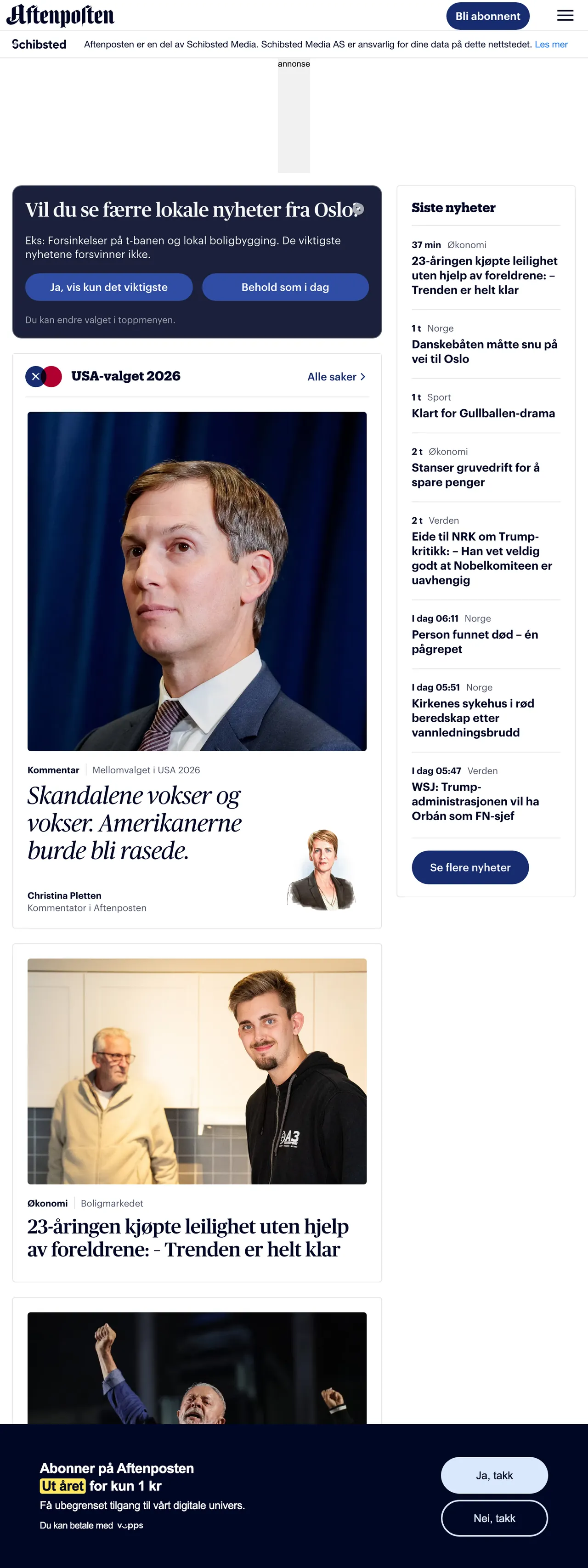 Screenshot of the Aftenposten front page