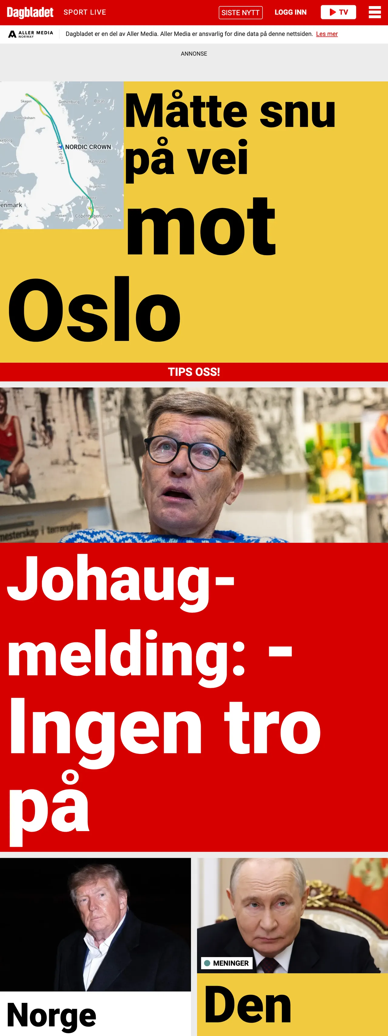 Screenshot of the Dagbladet front page