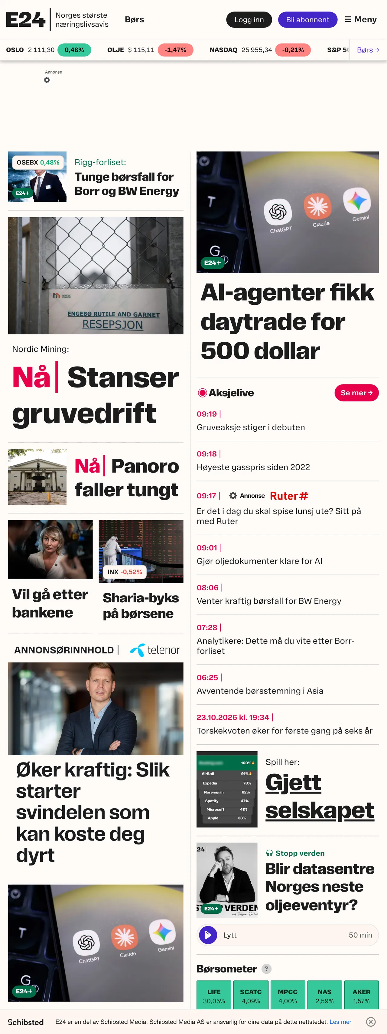 Screenshot of the E24 front page