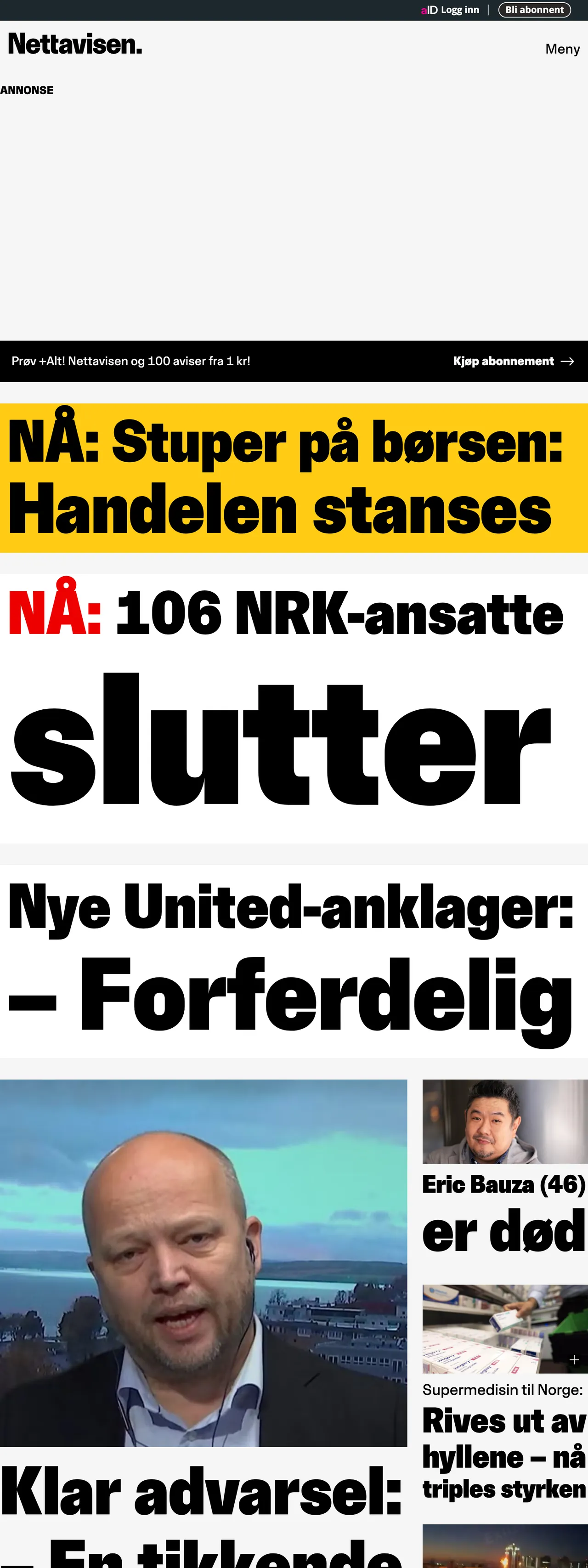 Screenshot of the Nettavisen front page