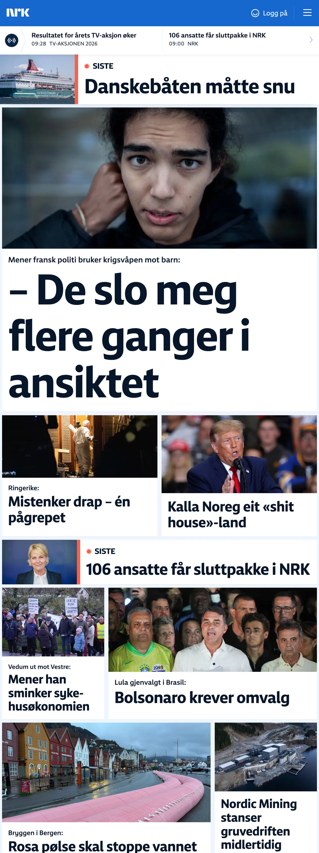 Screenshot of the NRK front page