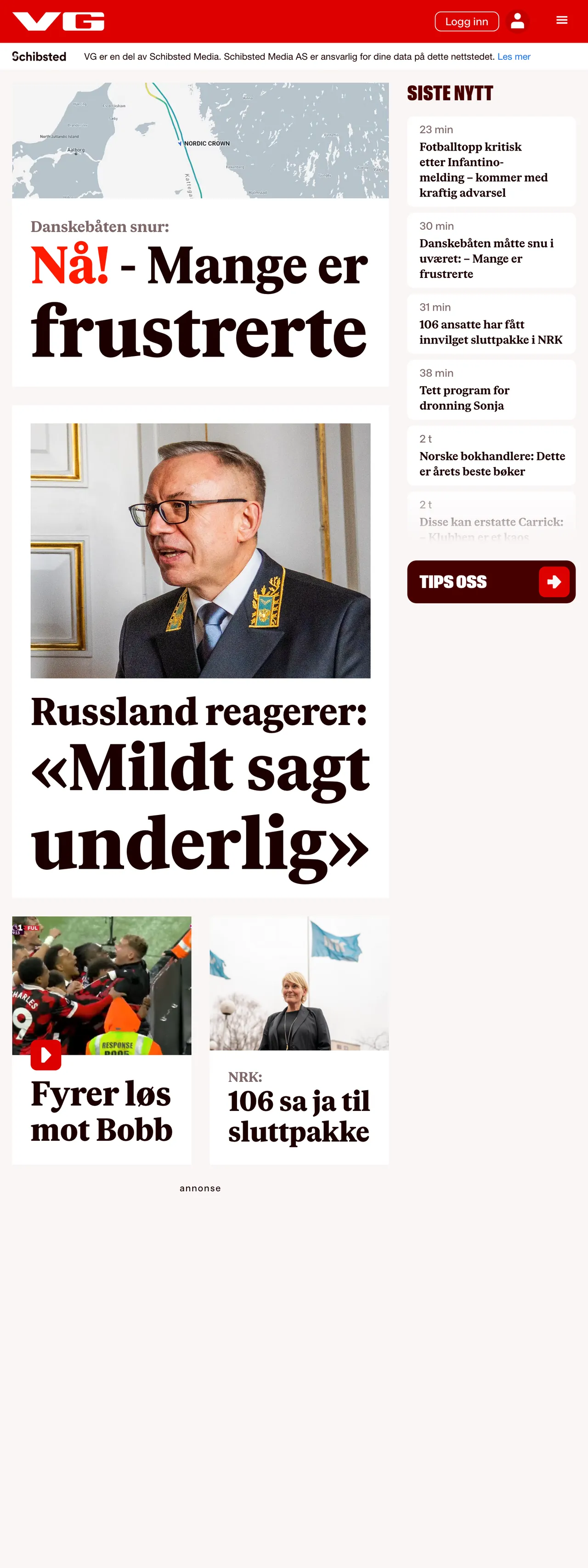 Screenshot of the VG front page
