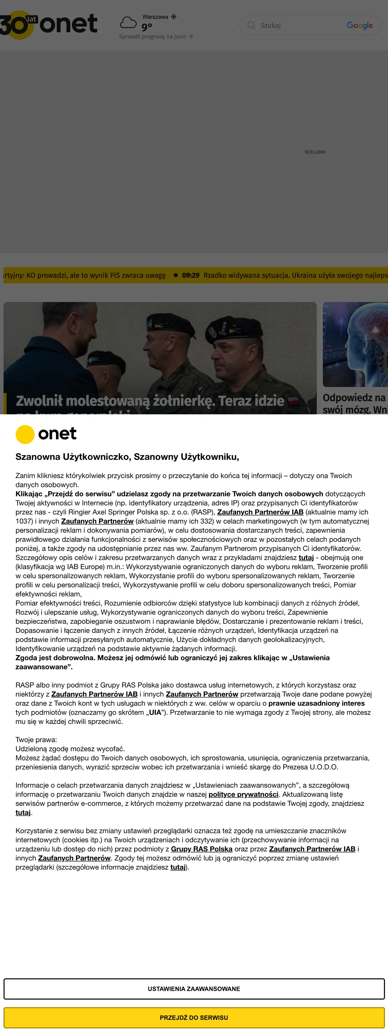 Screenshot of the Onet front page