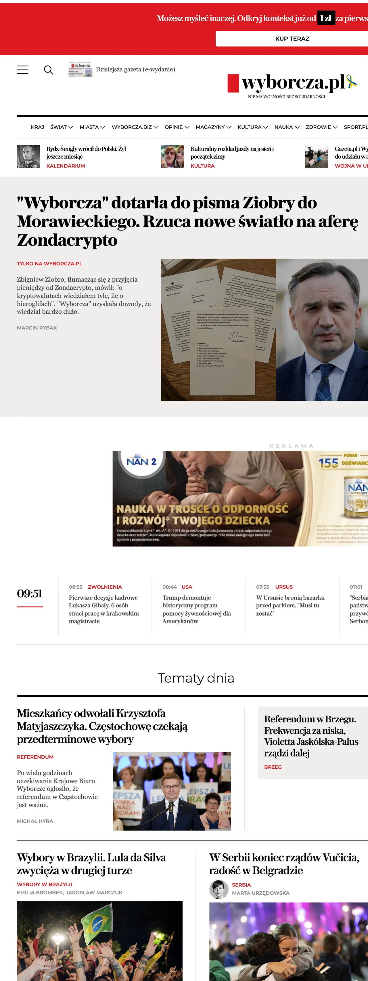 Screenshot of the Wyborcza front page