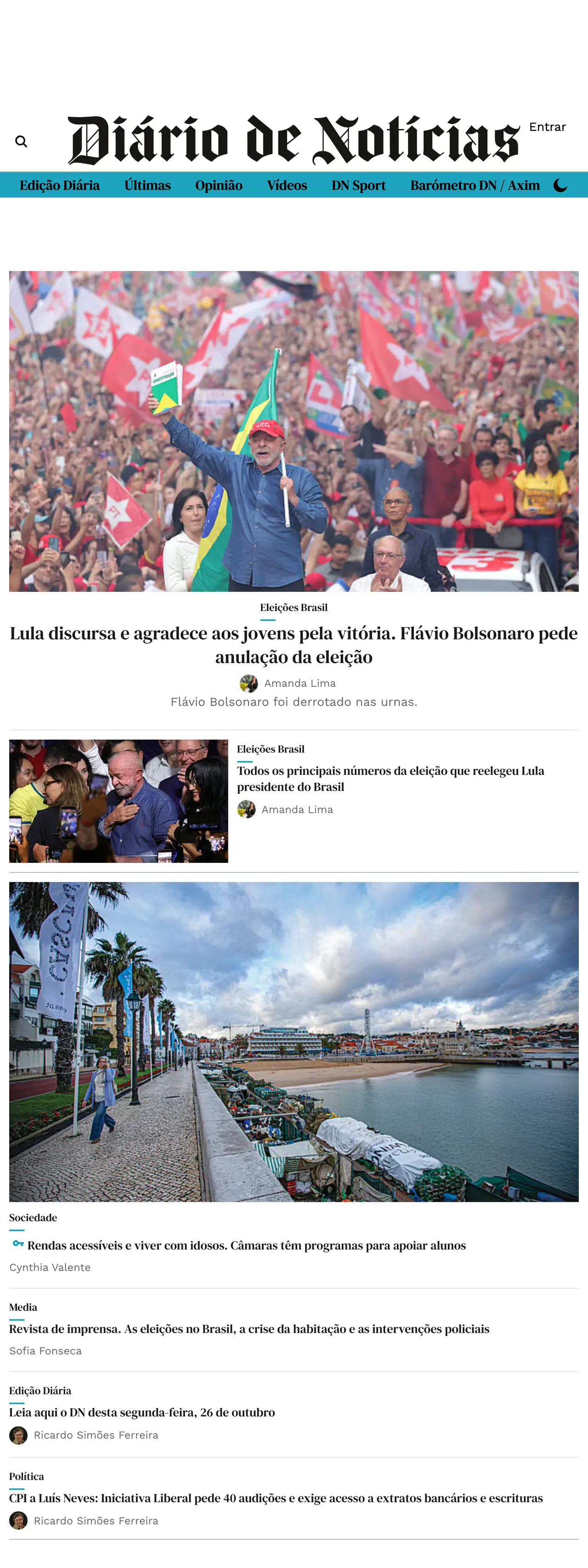 Screenshot of the Diário de Notícias front page