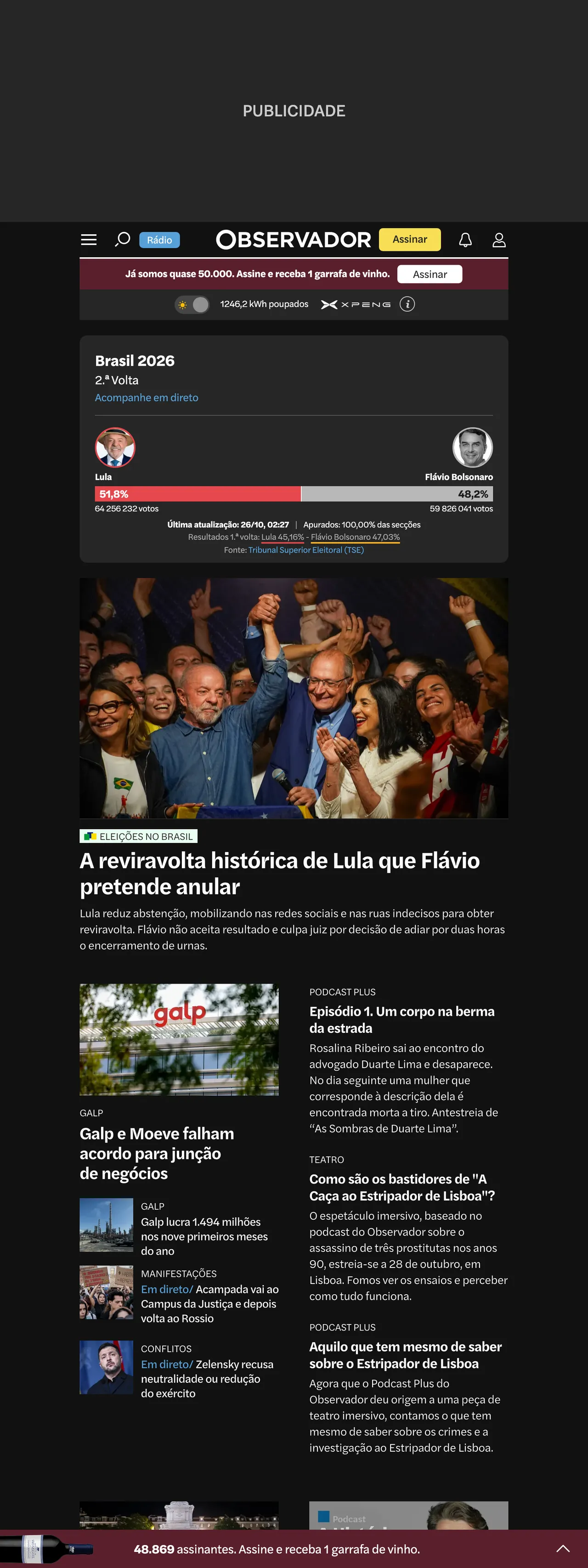 Screenshot of the Observador front page