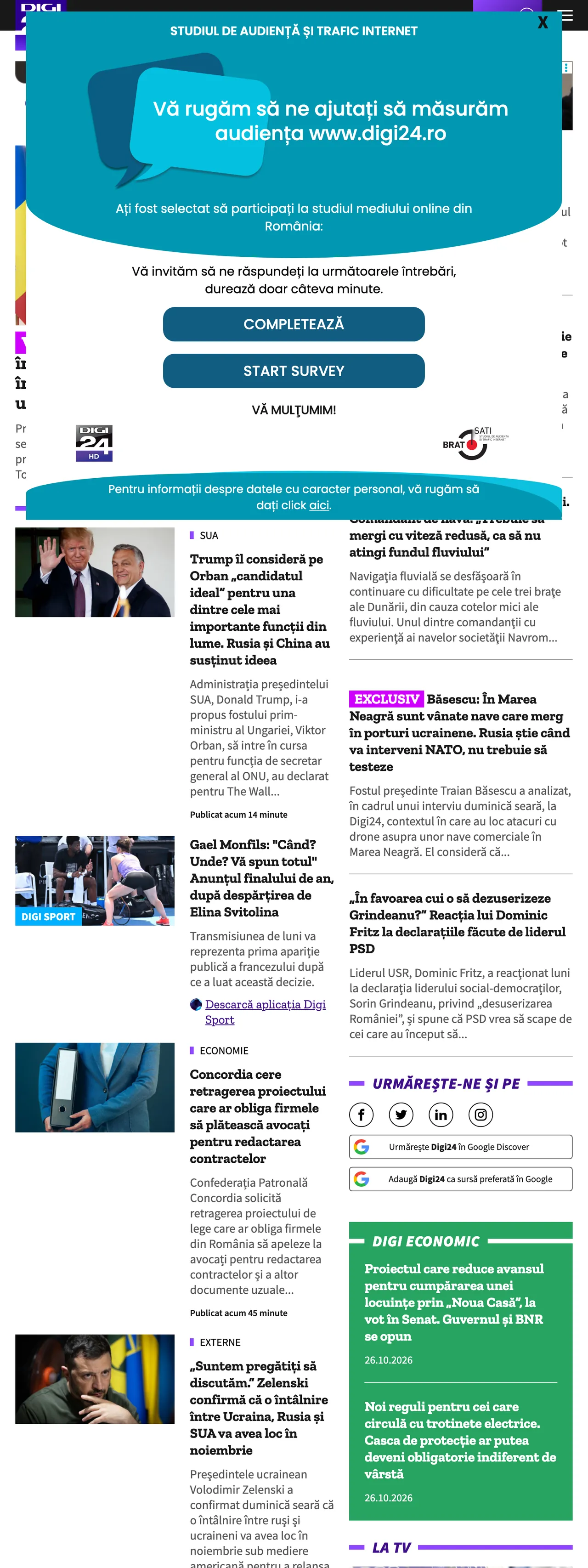Screenshot of the Digi24 front page