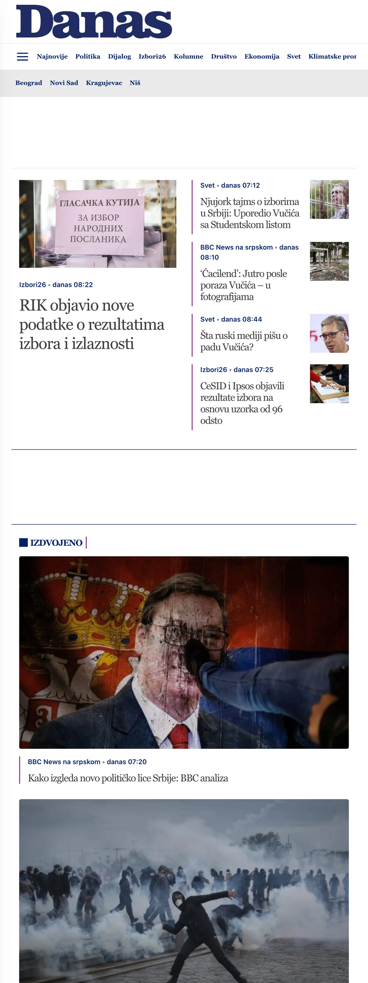 Screenshot of the Danas front page
