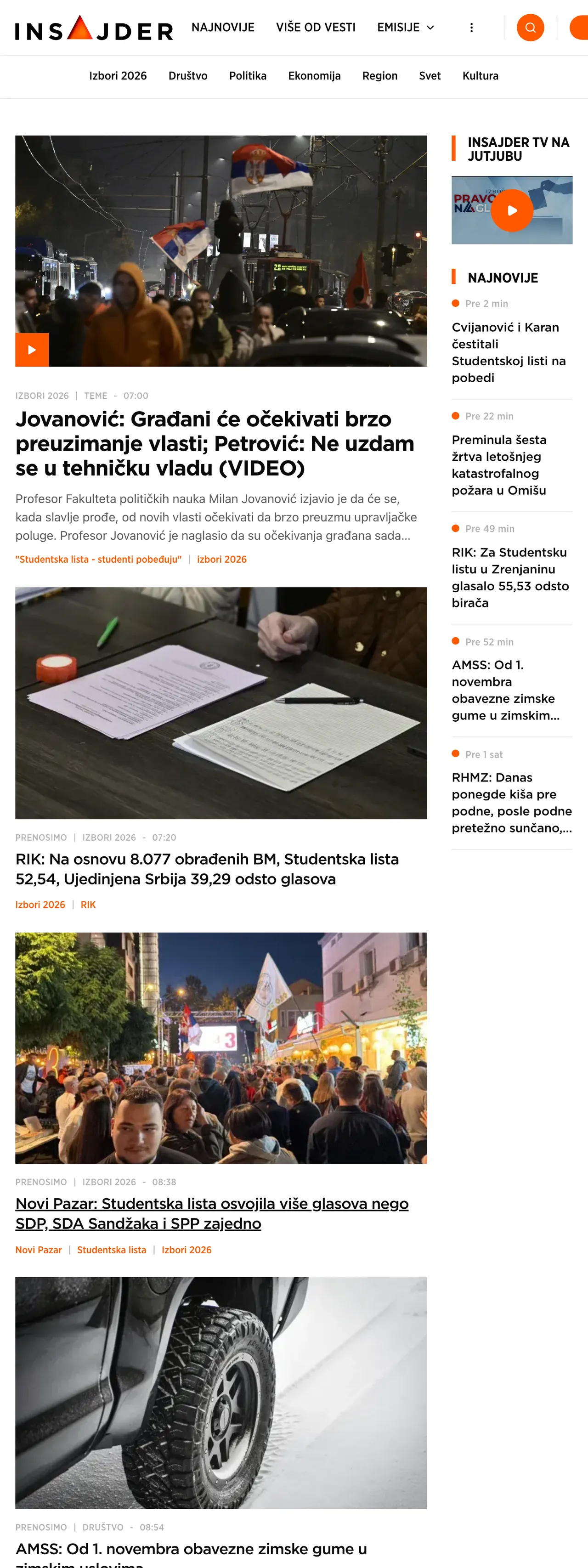 Screenshot of the Insajder front page