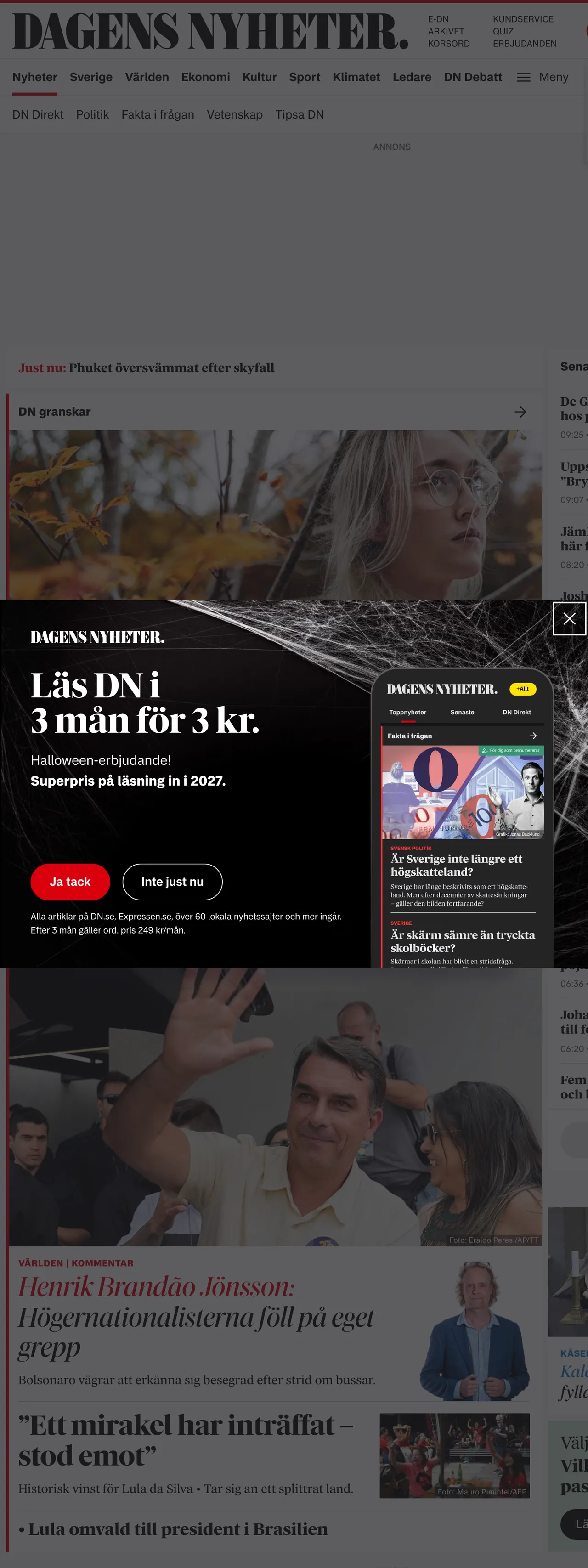 Screenshot of the Dagens Nyheter front page