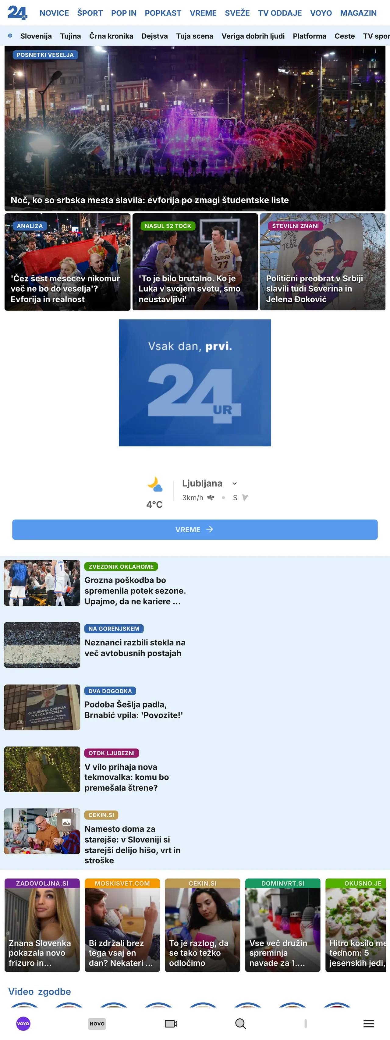 Screenshot of the 24ur front page