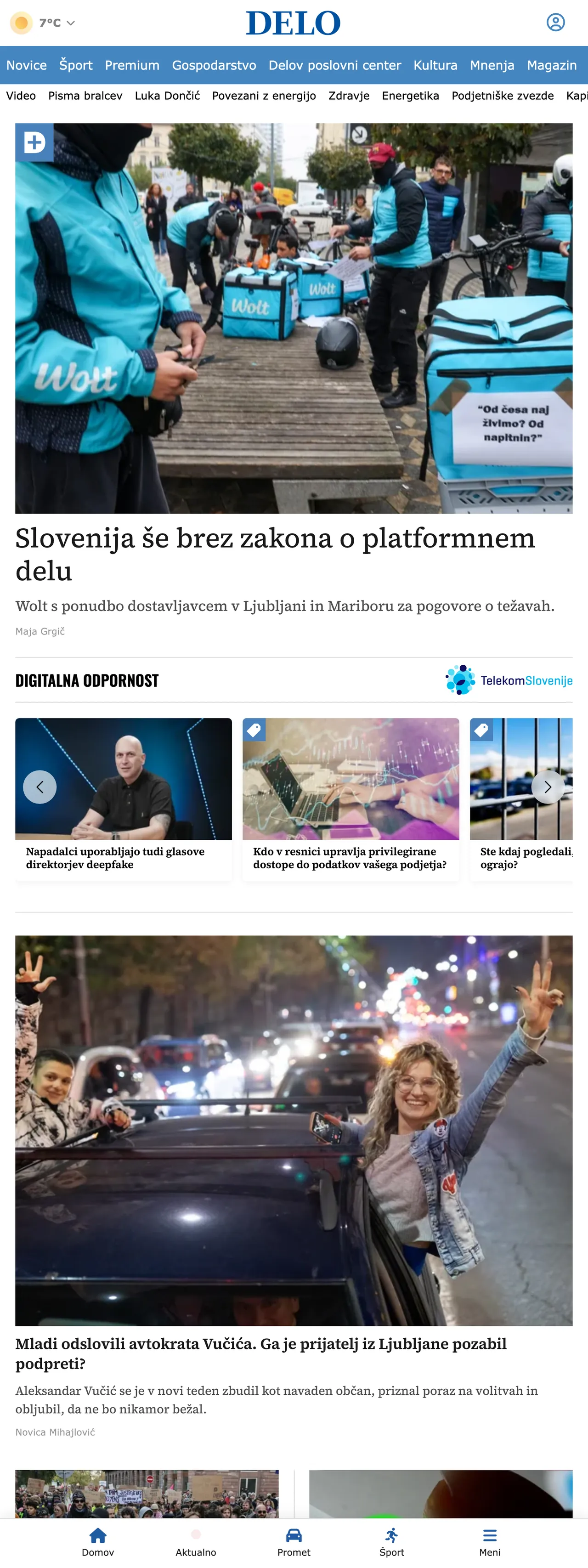 Screenshot of the Delo front page