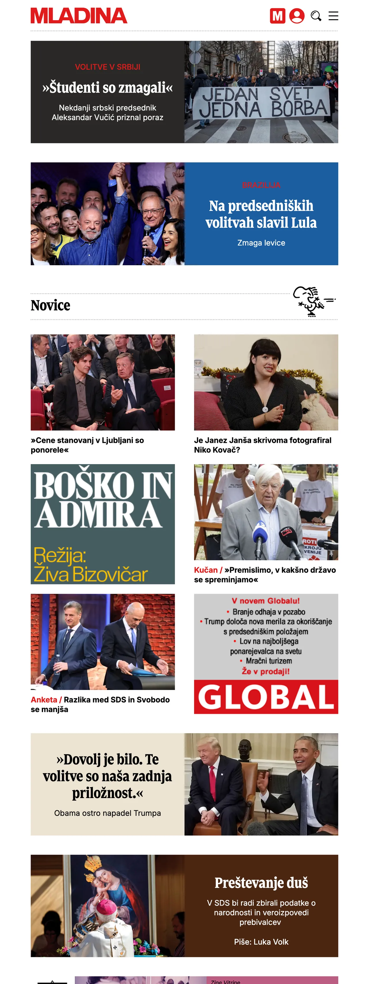 Screenshot of the Mladina front page