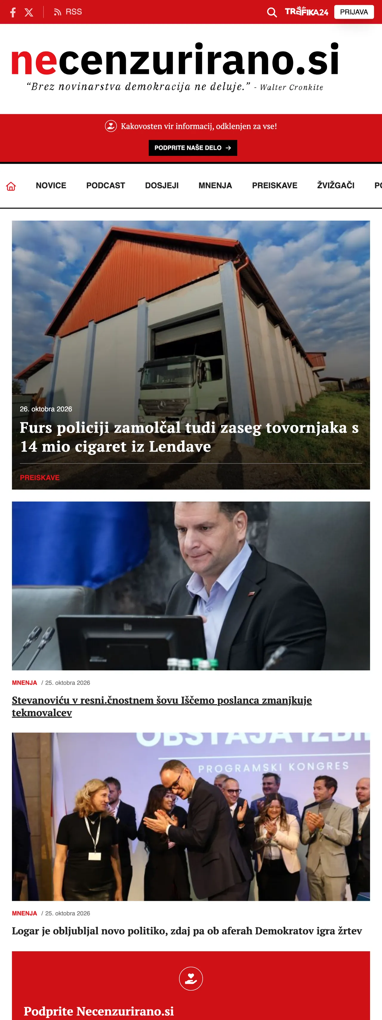 Screenshot of the Necenzurirano front page