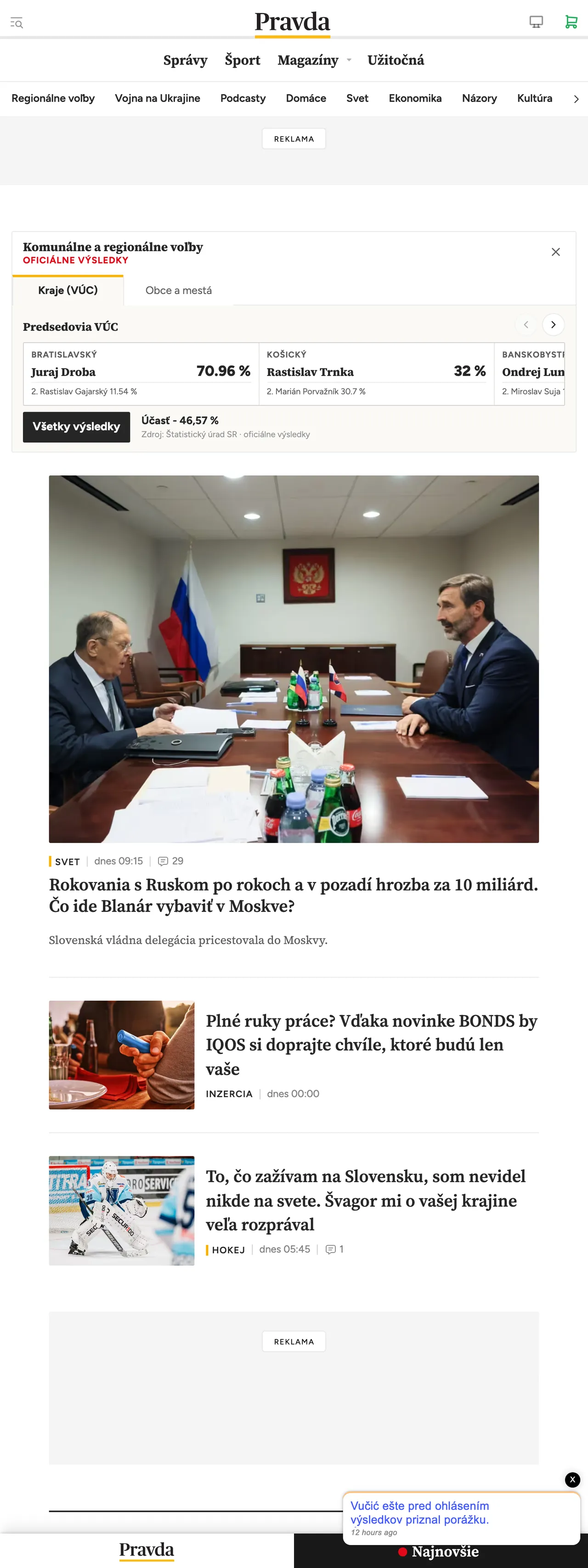 Screenshot of the Pravda front page
