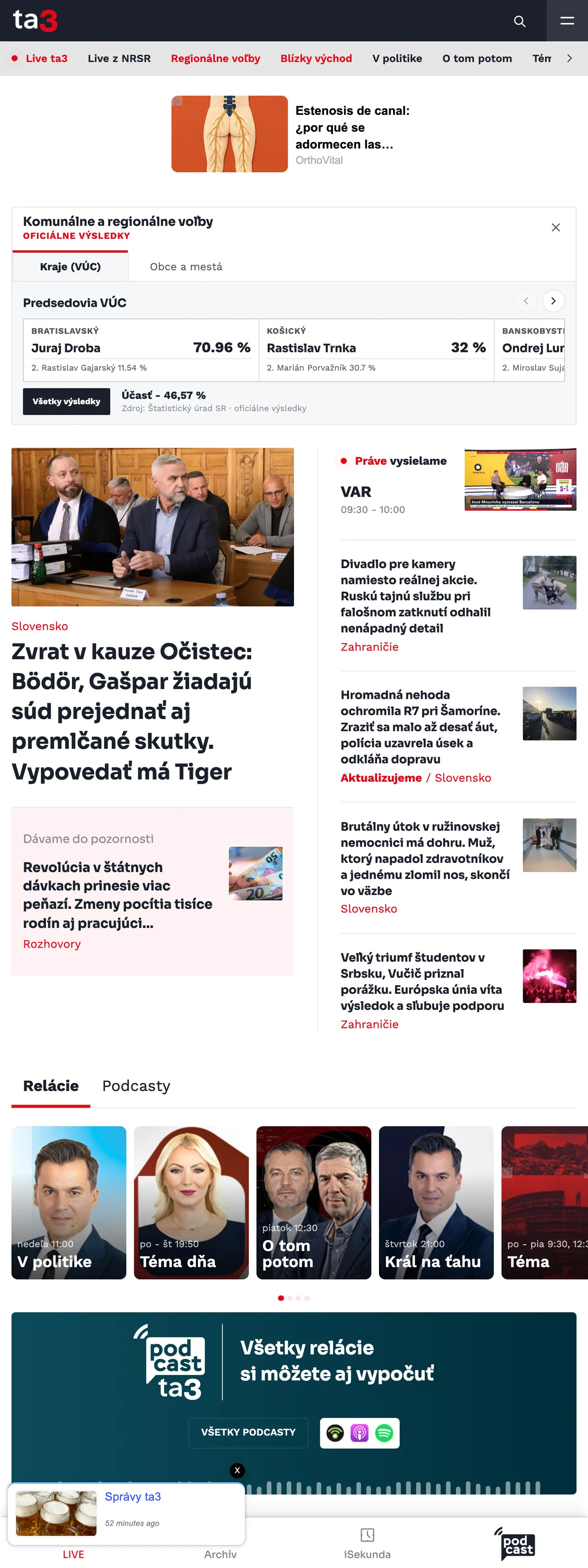 Screenshot of the TA3 front page