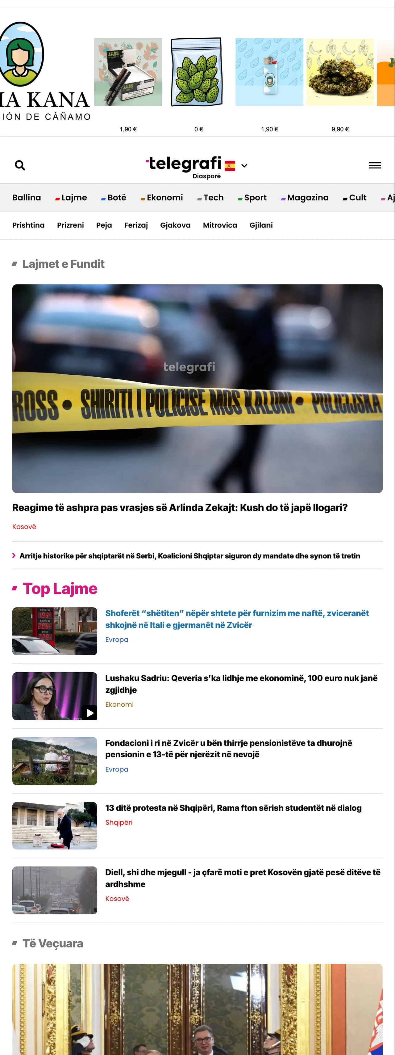 Screenshot of the Telegrafi front page