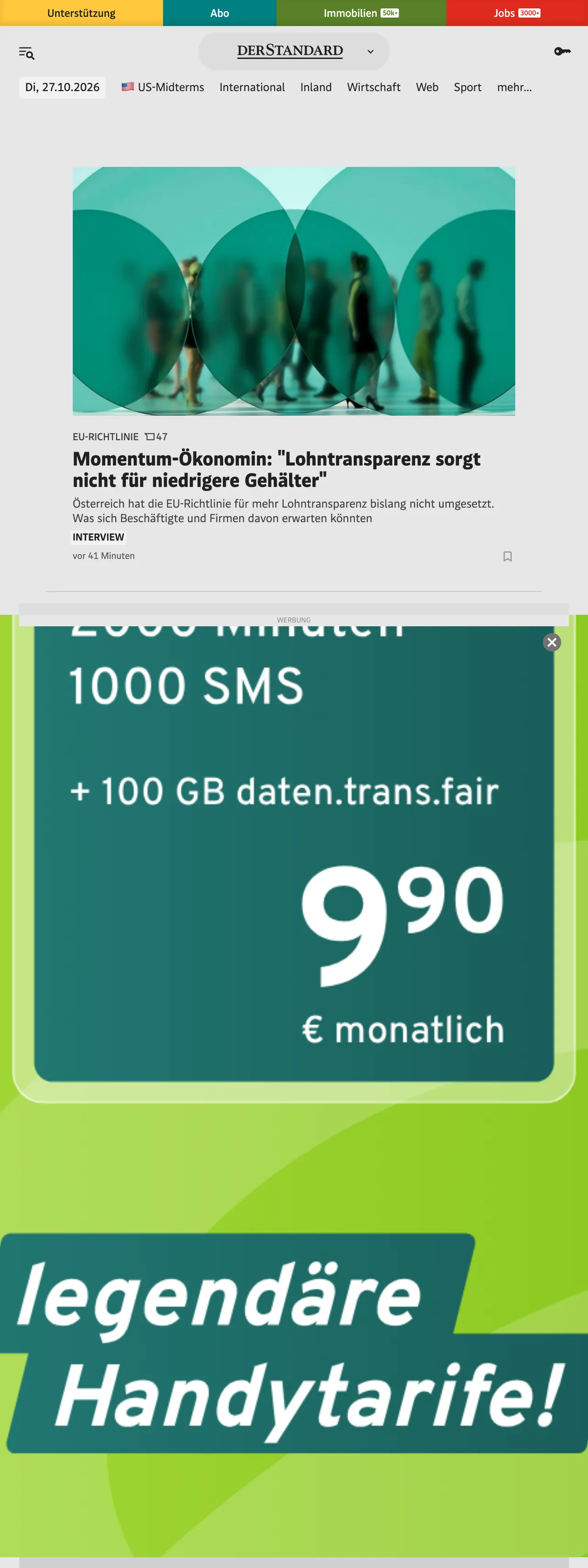 Screenshot of the DER STANDARD front page