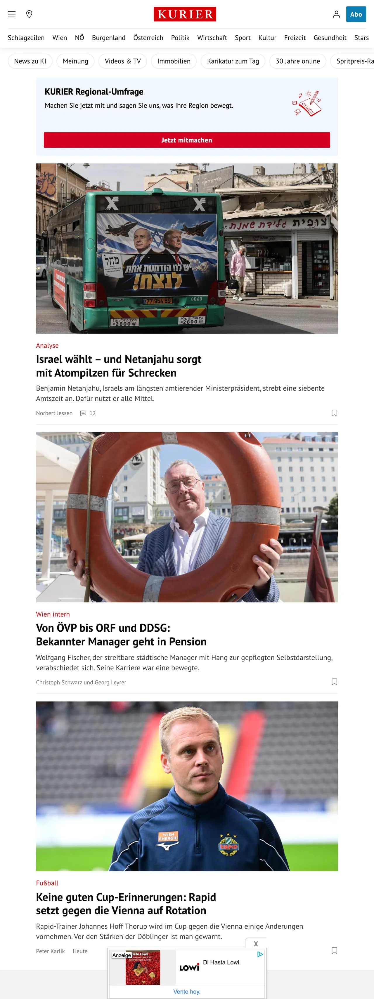 Screenshot of the Kurier front page