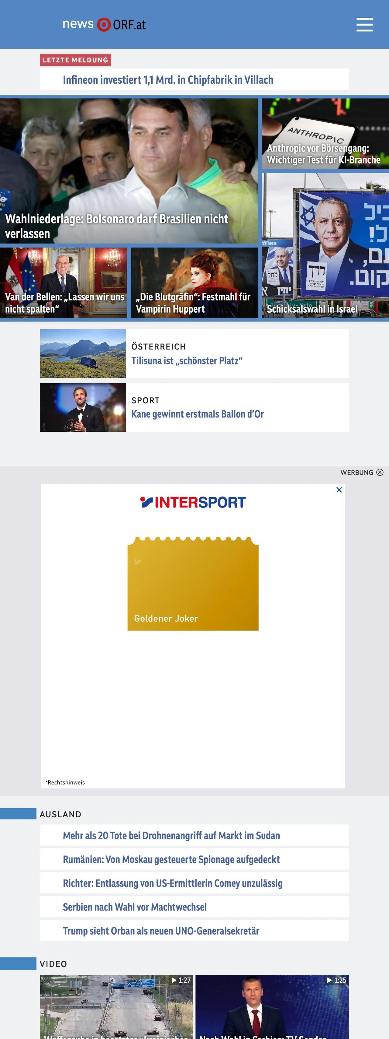 Screenshot of the ORF front page