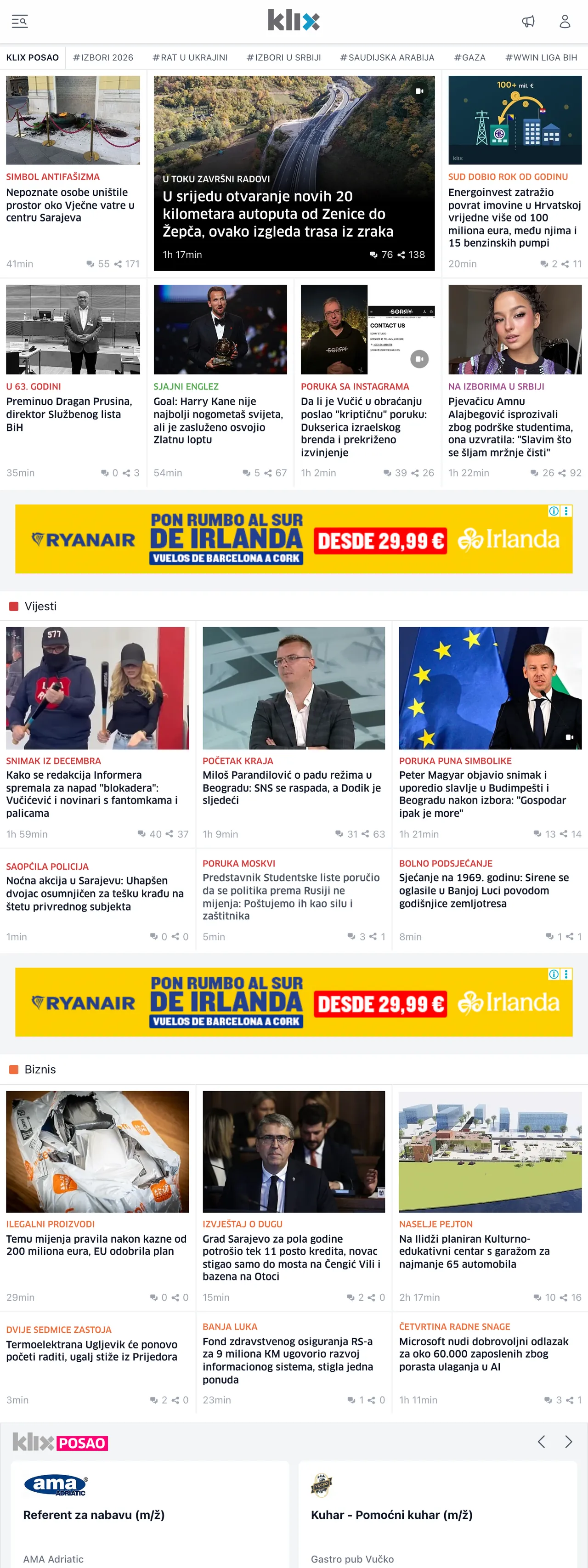 Screenshot of the Klix.ba front page