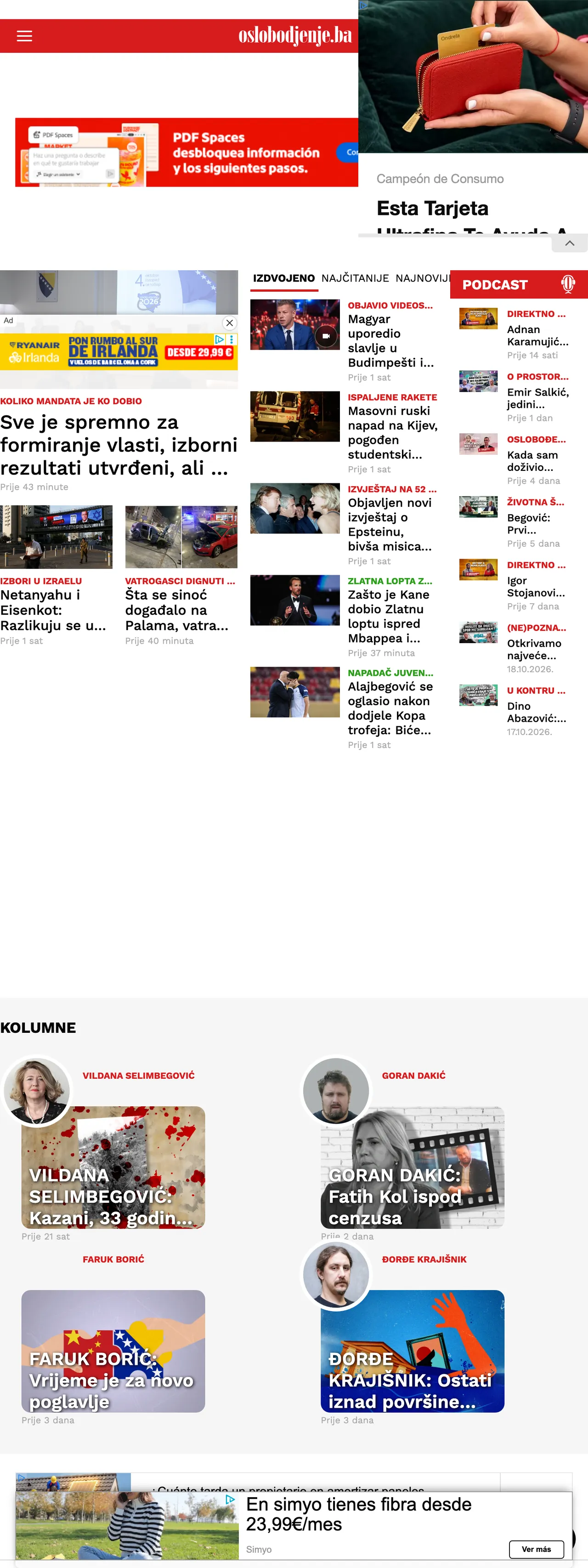 Screenshot of the Oslobođenje front page