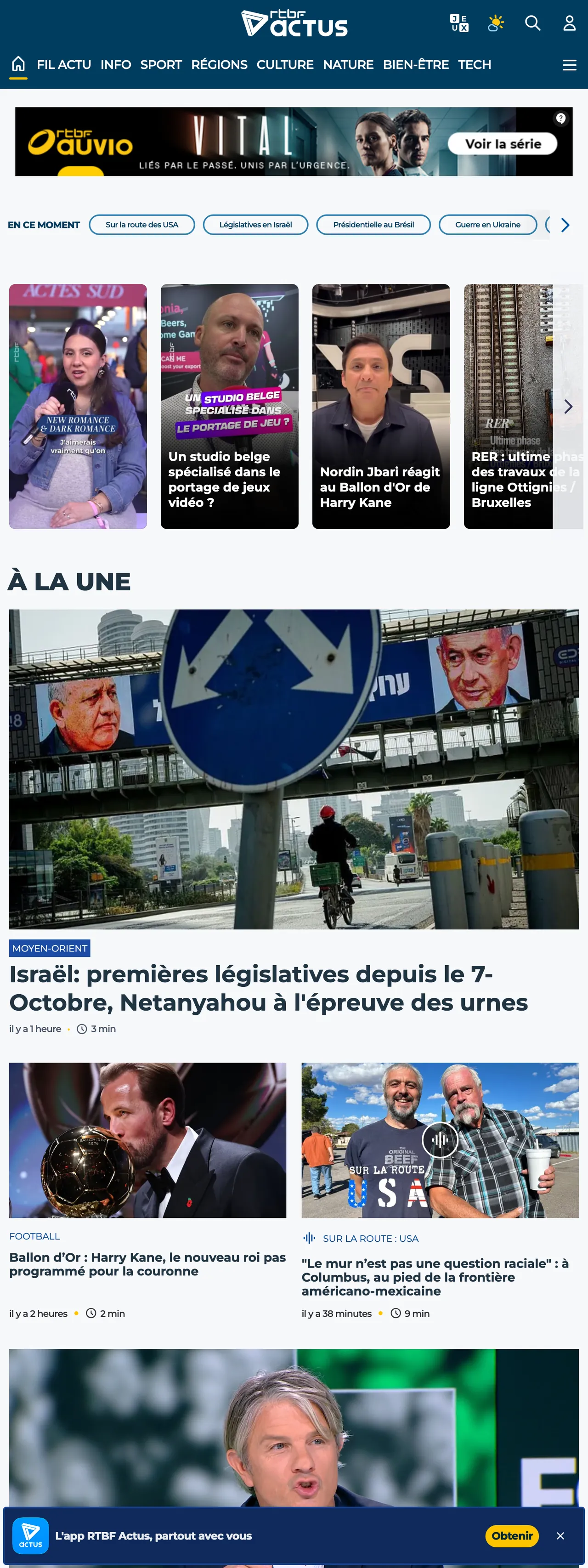 Screenshot of the RTBF front page