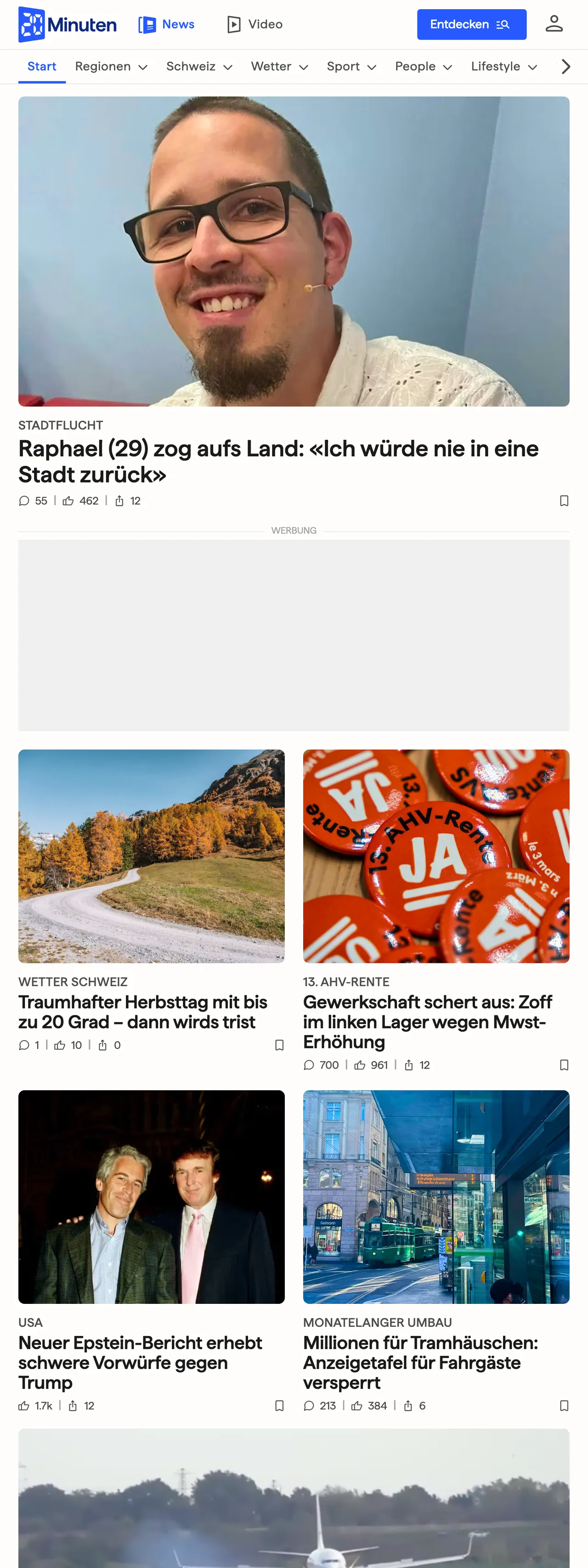 Screenshot of the 20 Minuten front page