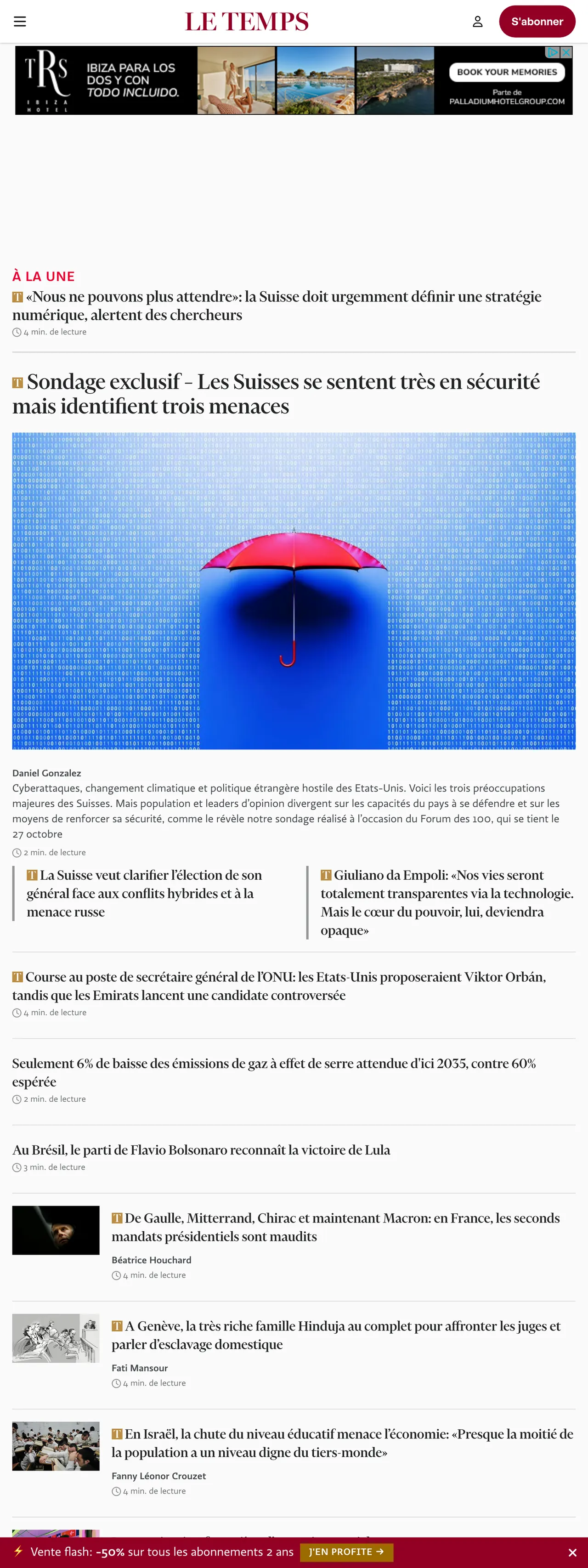 Screenshot of the Le Temps front page