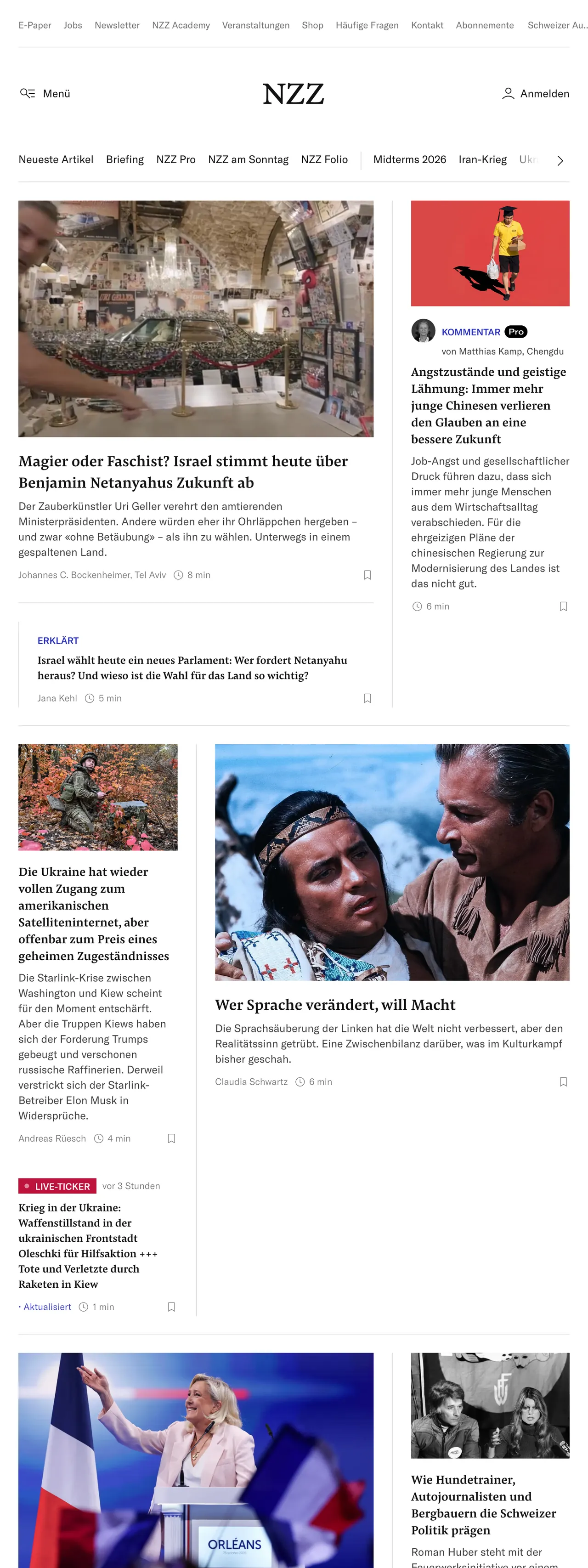 Screenshot of the Neue Zürcher Zeitung front page