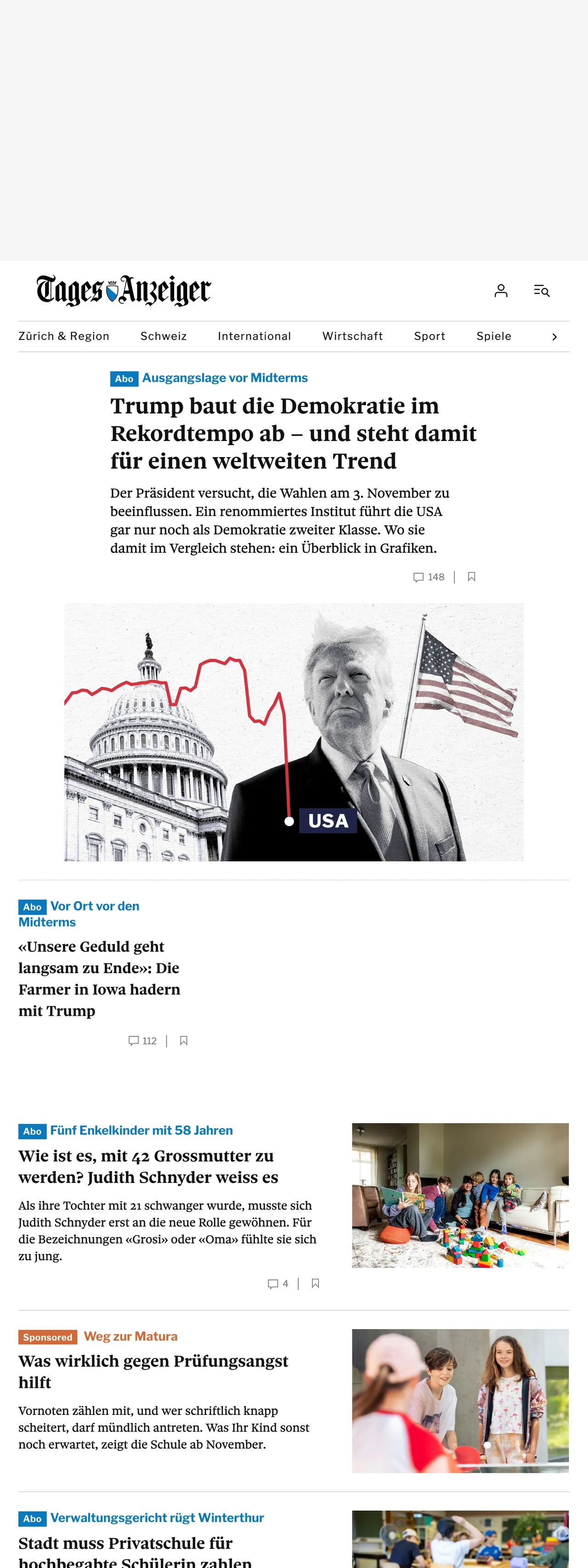 Screenshot of the Tages-Anzeiger front page