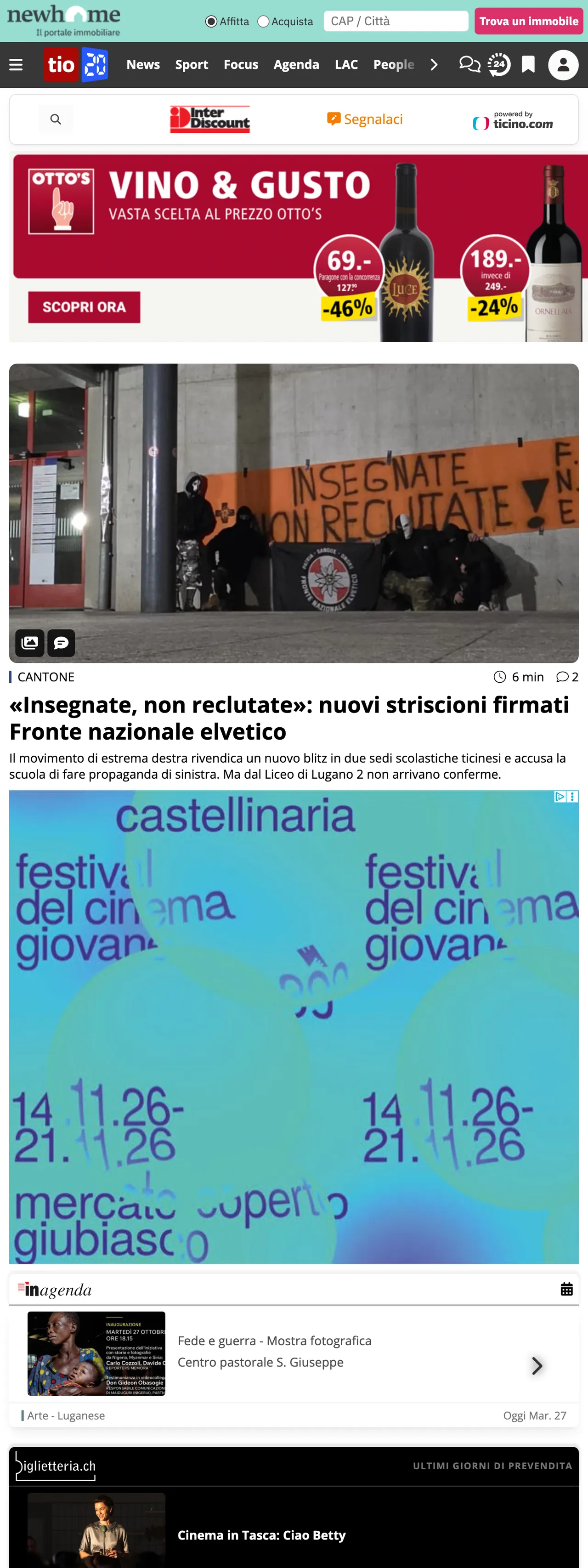Screenshot of the Ticinonline front page