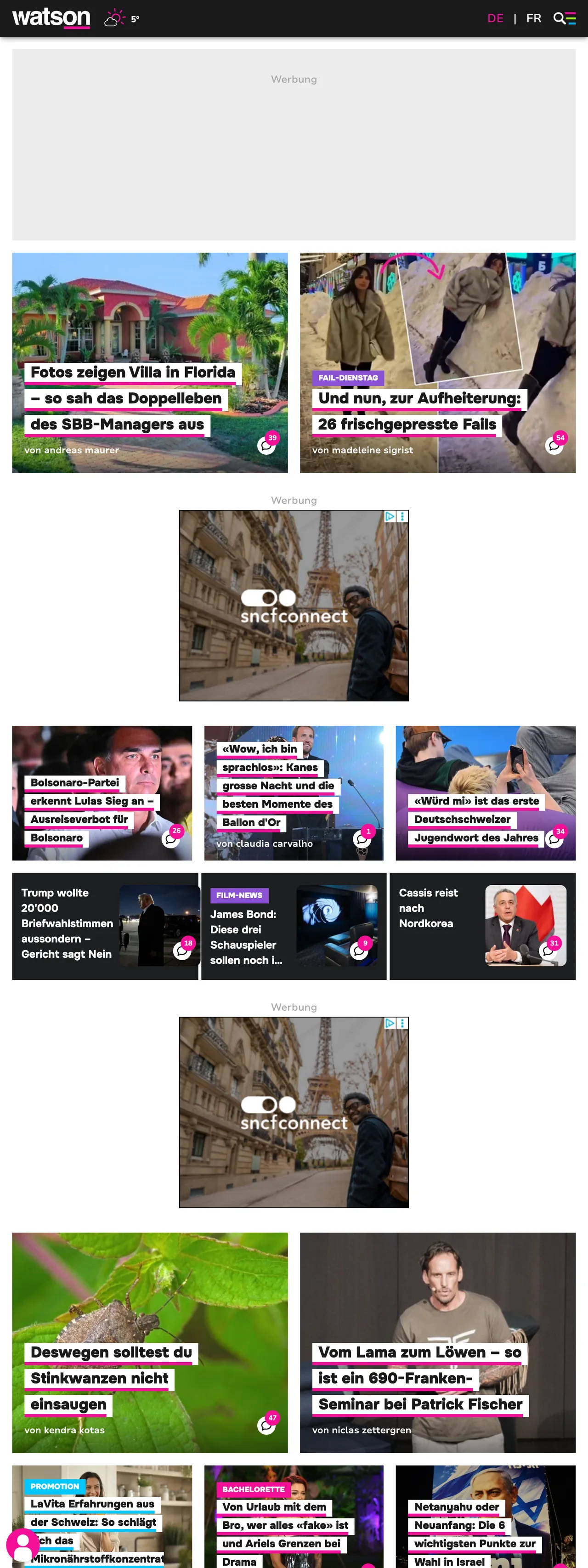 Screenshot of the watson front page