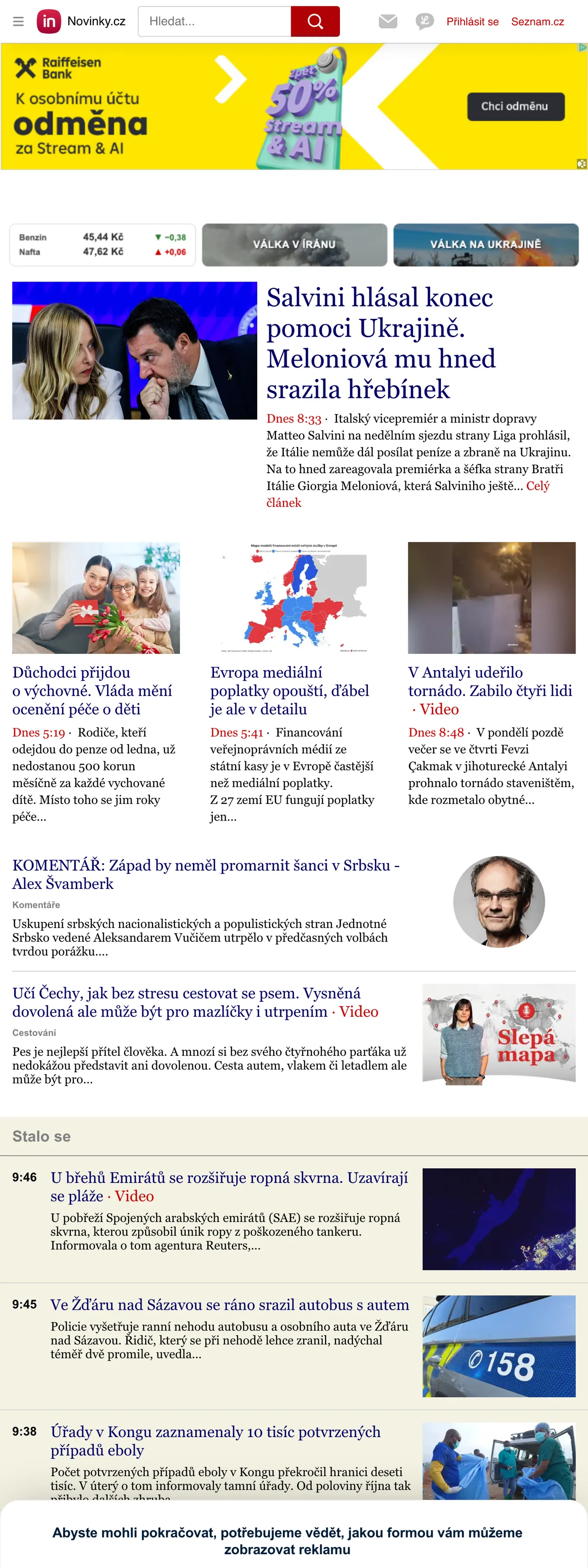 Screenshot of the Novinky.cz front page