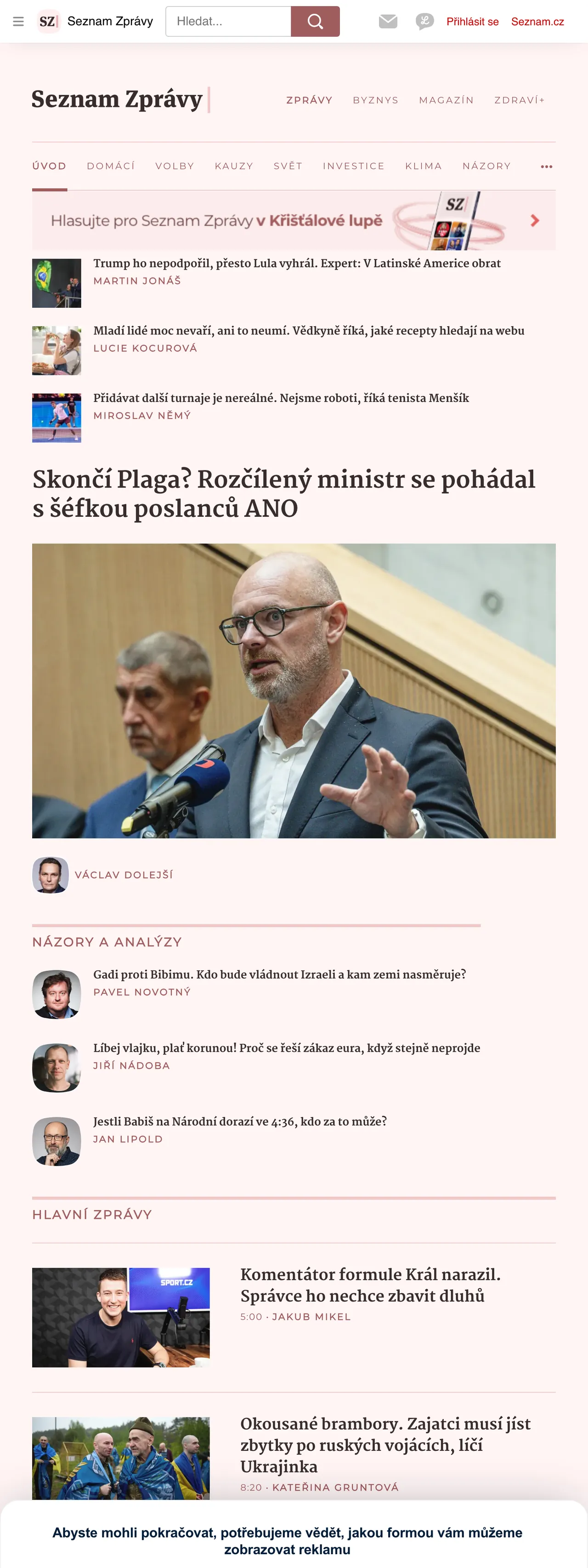 Screenshot of the Seznam Zprávy front page