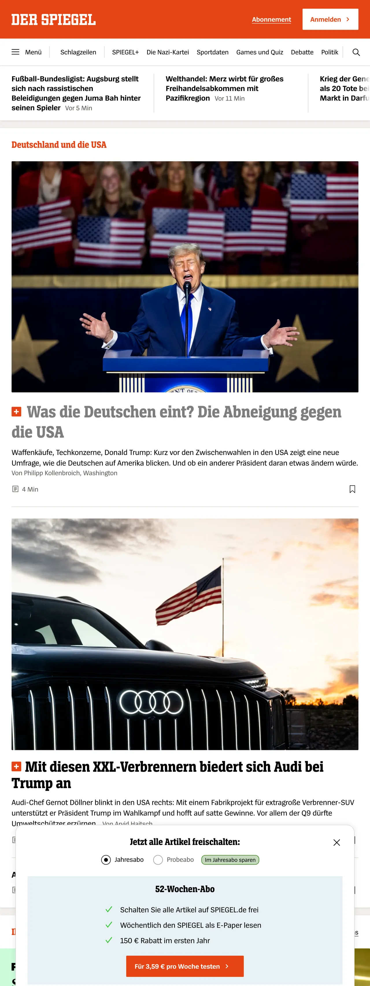 Screenshot of the DER SPIEGEL front page