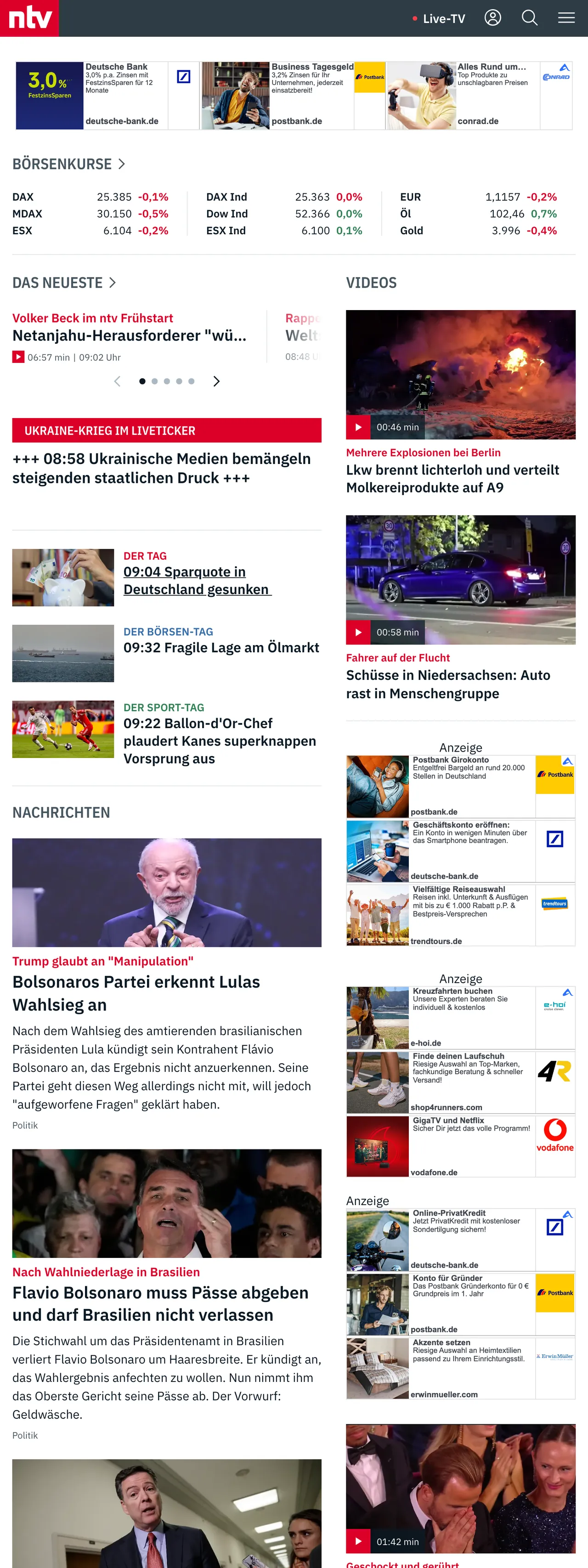 Screenshot of the n-tv front page