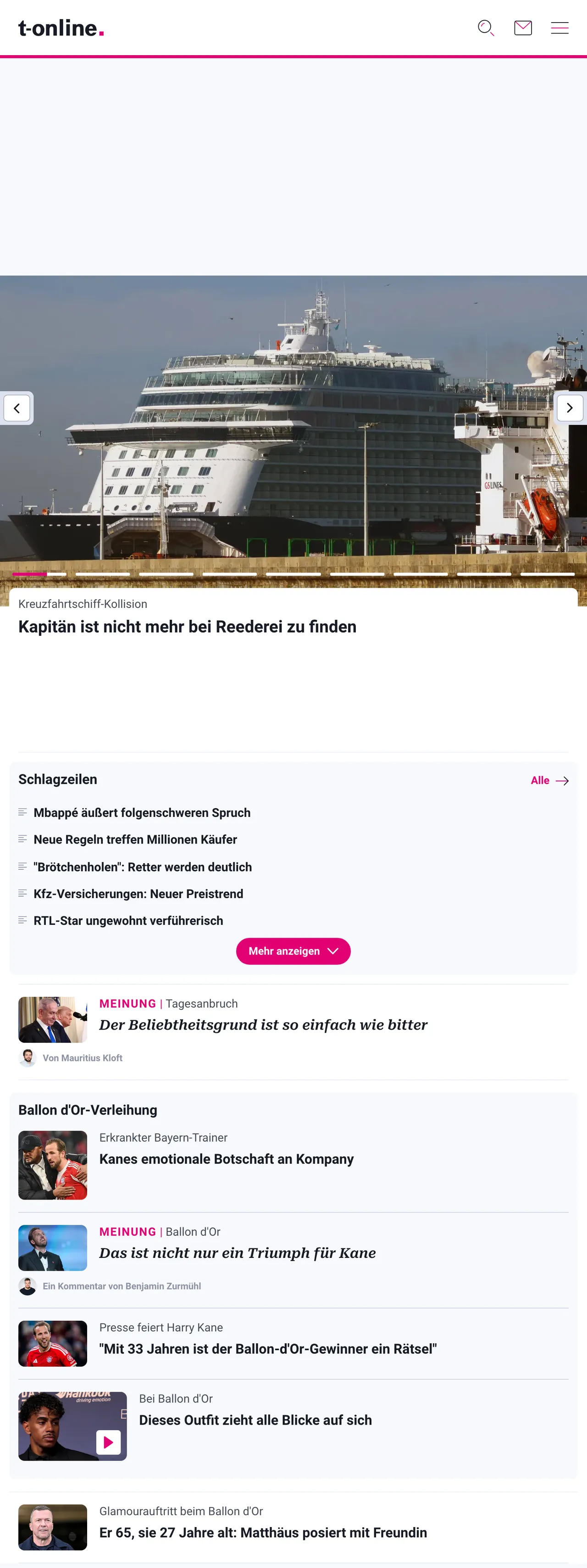 Screenshot of the t-online front page